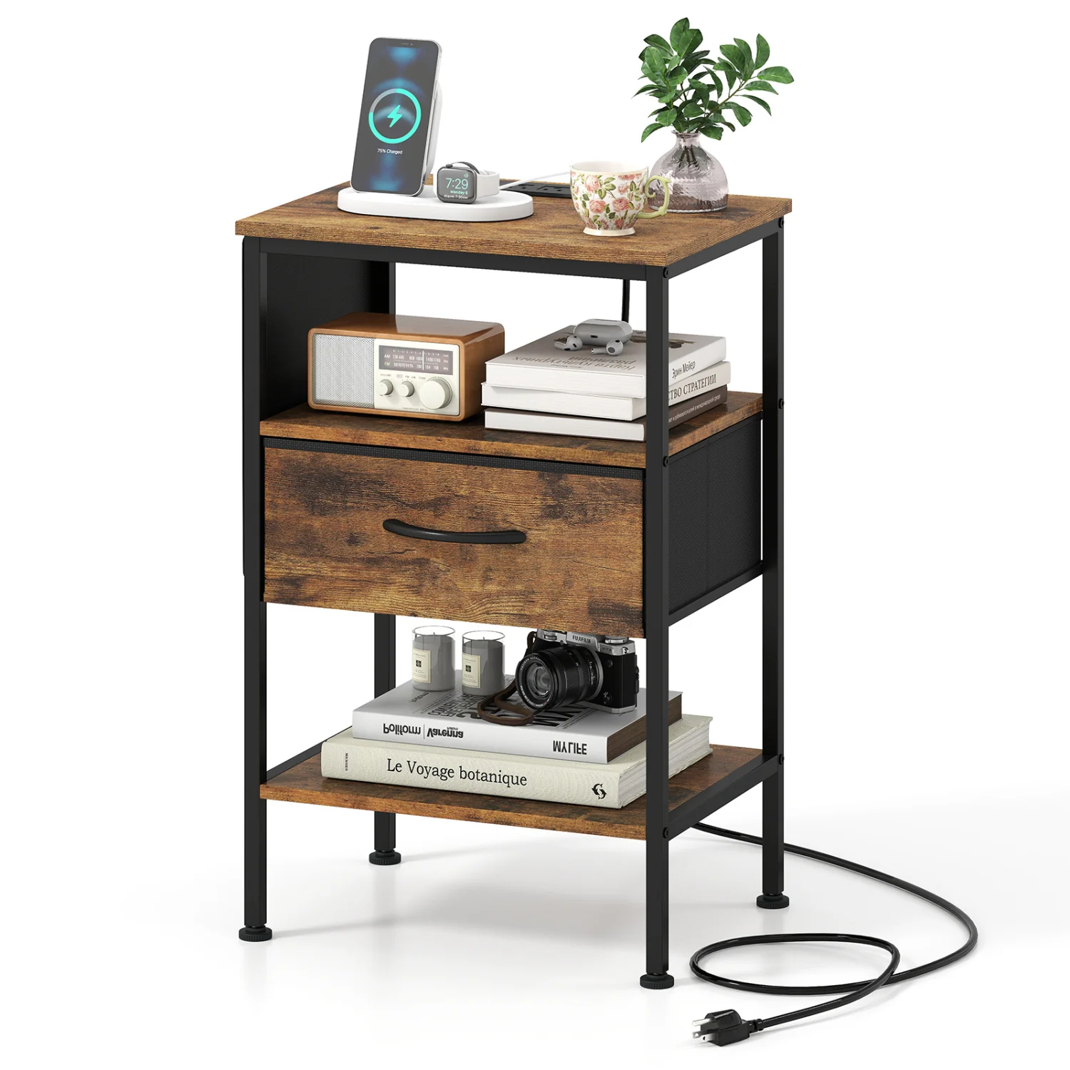 Nightstand With Charging Station, 24.5 Inch, Fabric Drawer, Rustic Brown