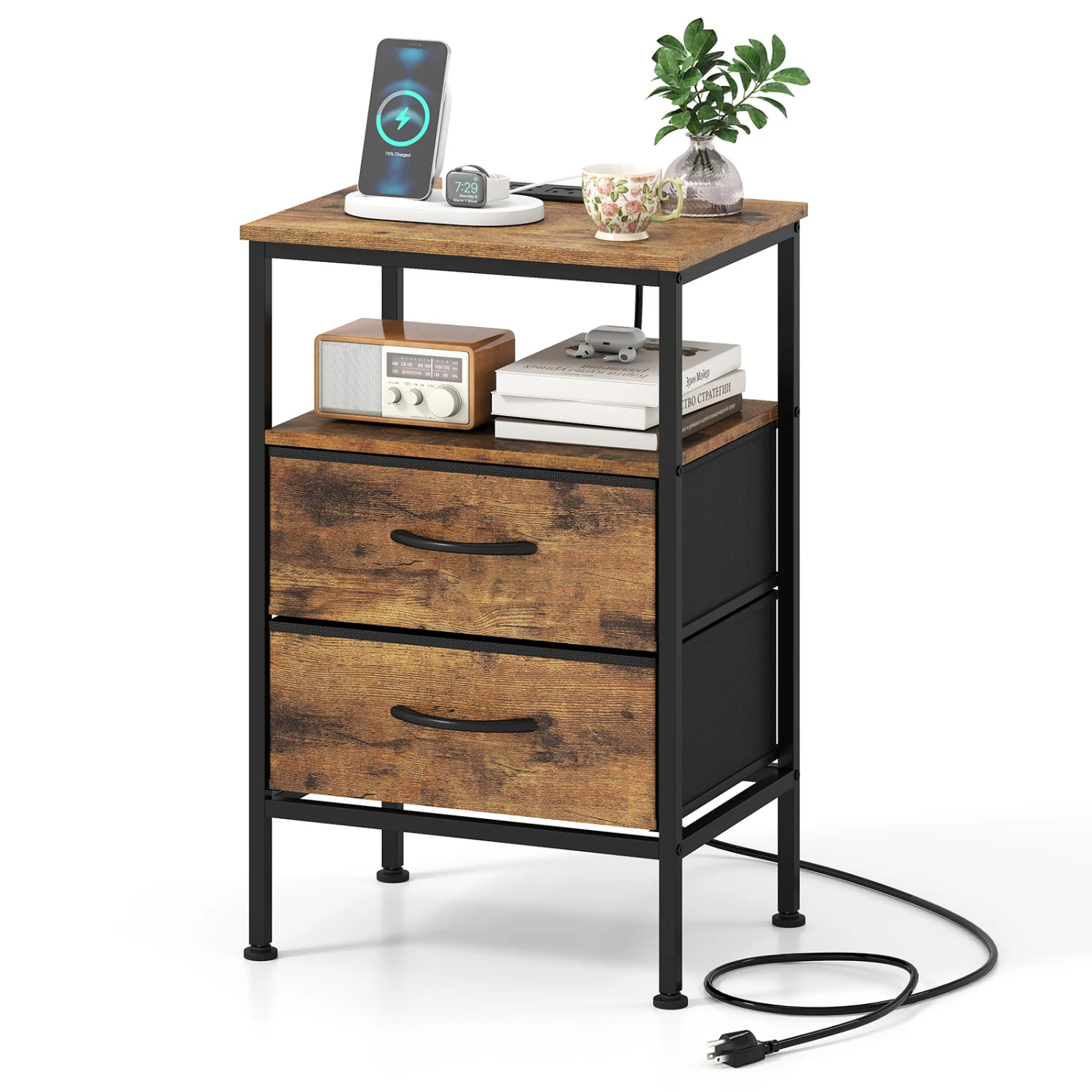 Nightstand With Charging Station, 24.5 Inch, Rustic Brown