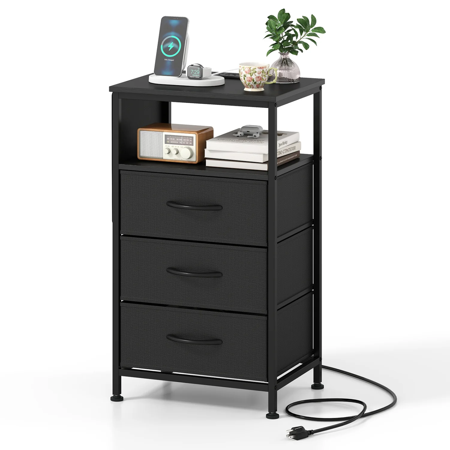 Nightstand With Charging Station, 27.5 Inch, Black