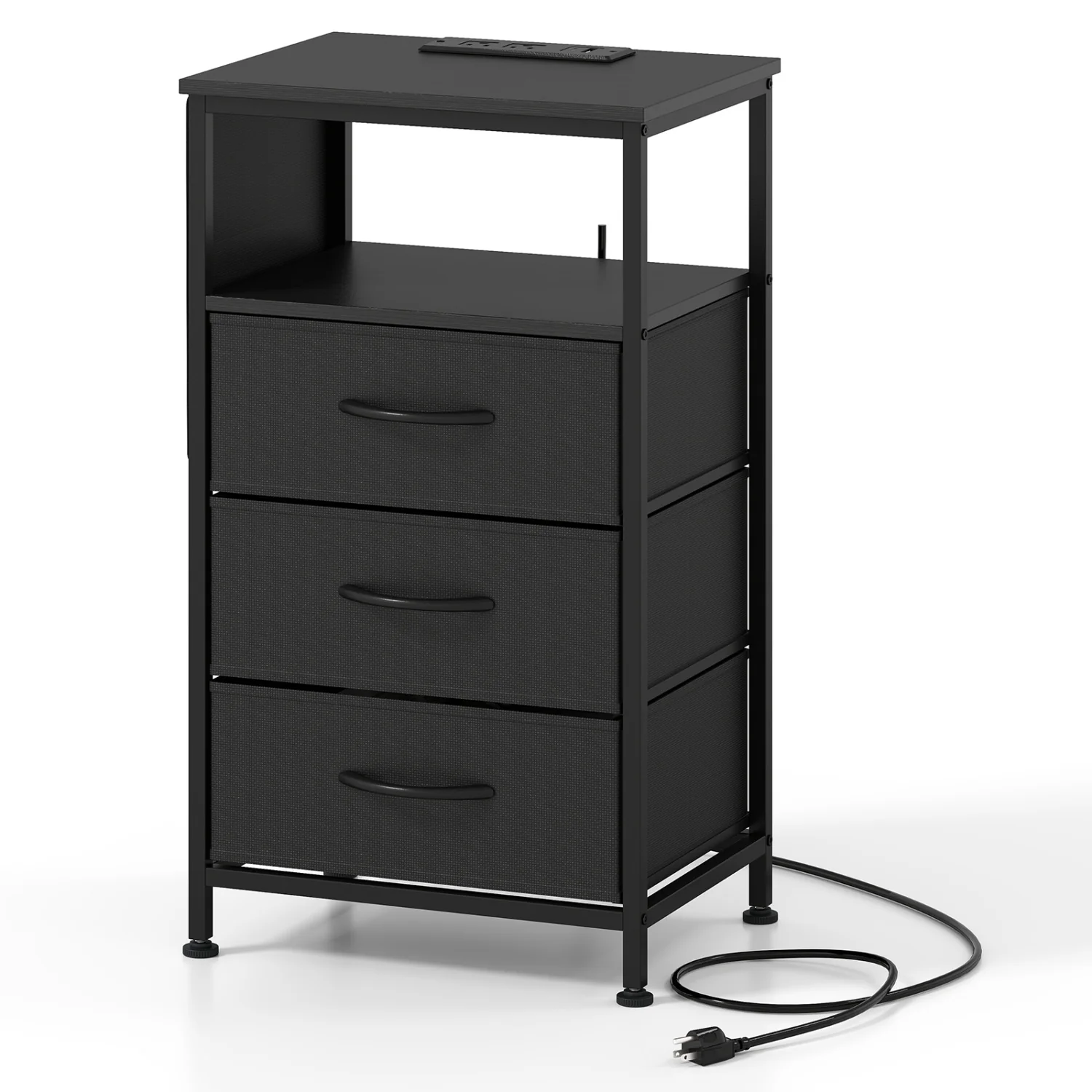 Nightstand With Charging Station, 27.5 Inch, Black - Image 2