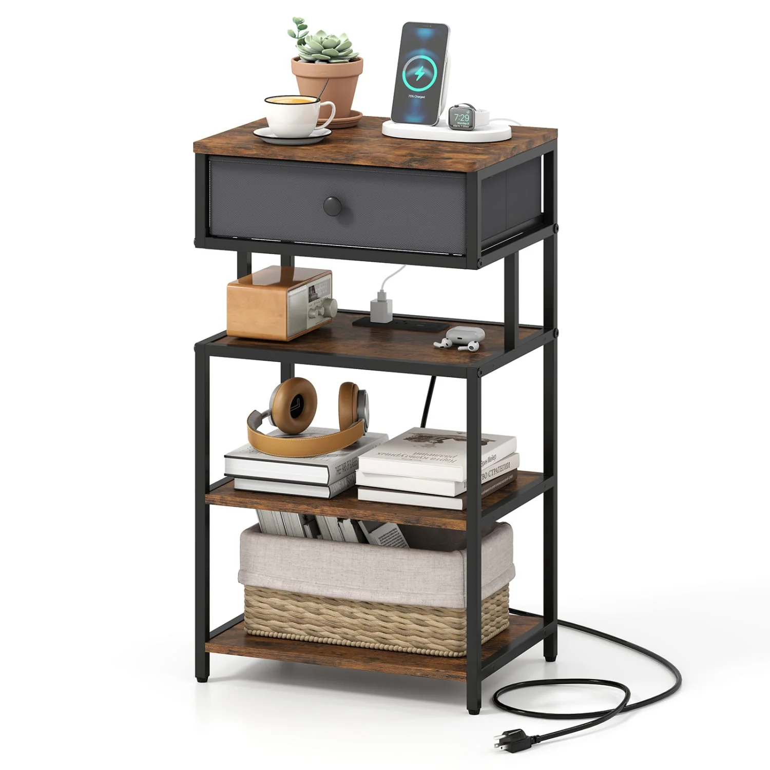 Nightstand With Charging Station, 28 Inch Tall, Rustic Brown
