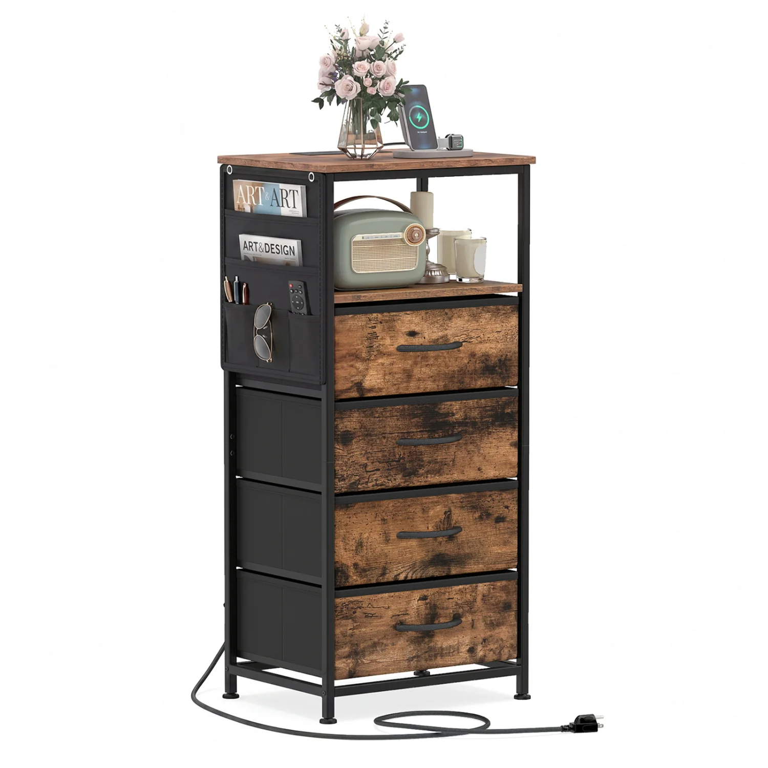 Nightstand with Charging Station, 34" Modern Bedside Table, Rustic Brown