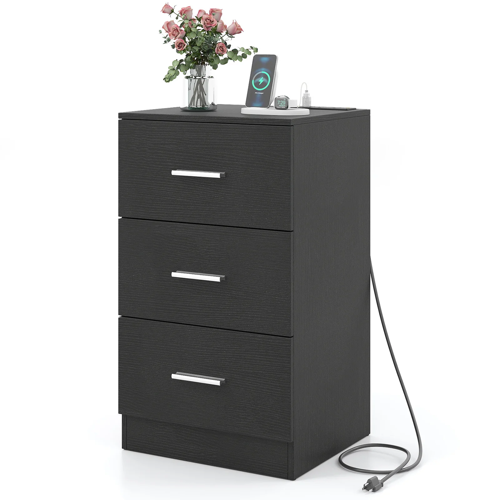 Nightstand with Charging Station End Table with 3 Storage Drawers Bedside Table for Bedroom, Black