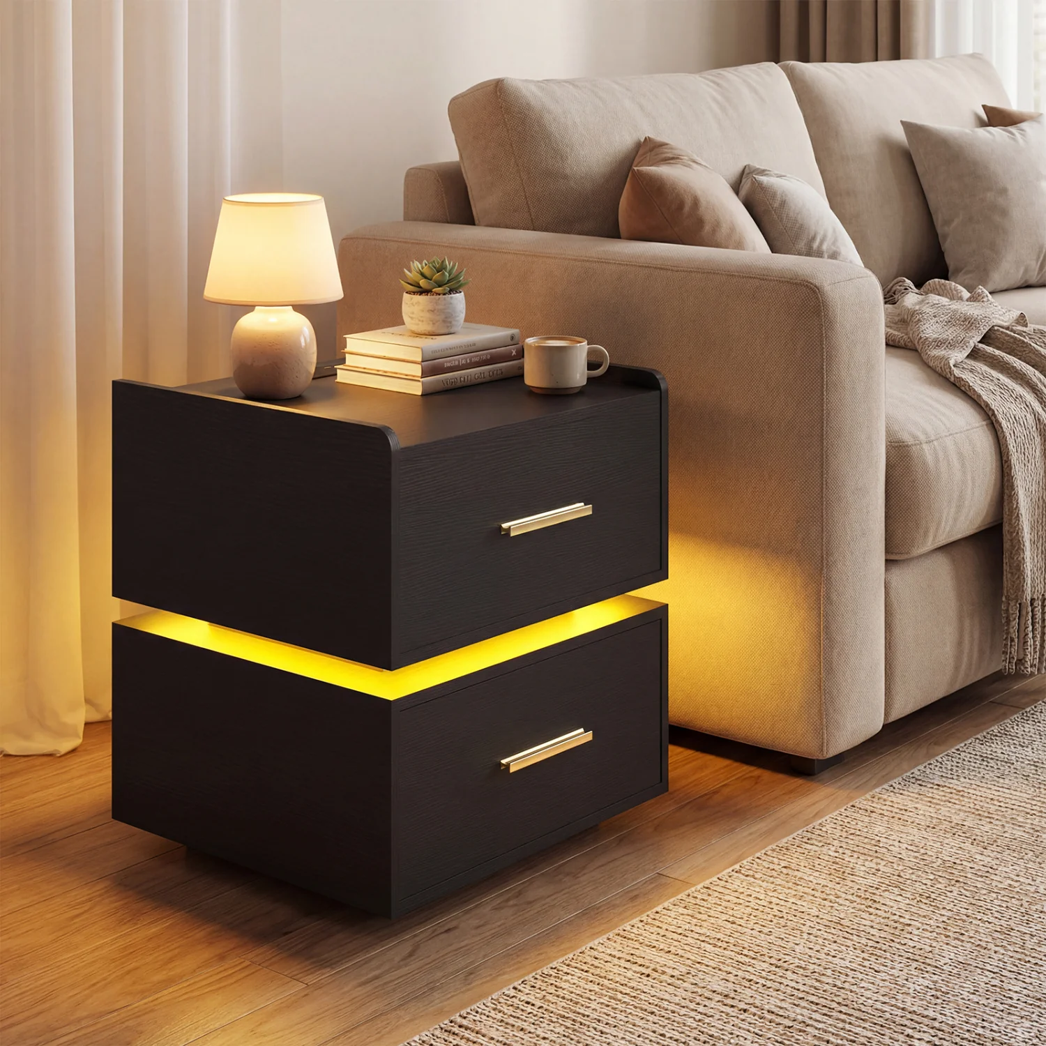 Nightstand With Charging Station, LED Bedside Table, 2 Storage Drawers, Black - Image 3