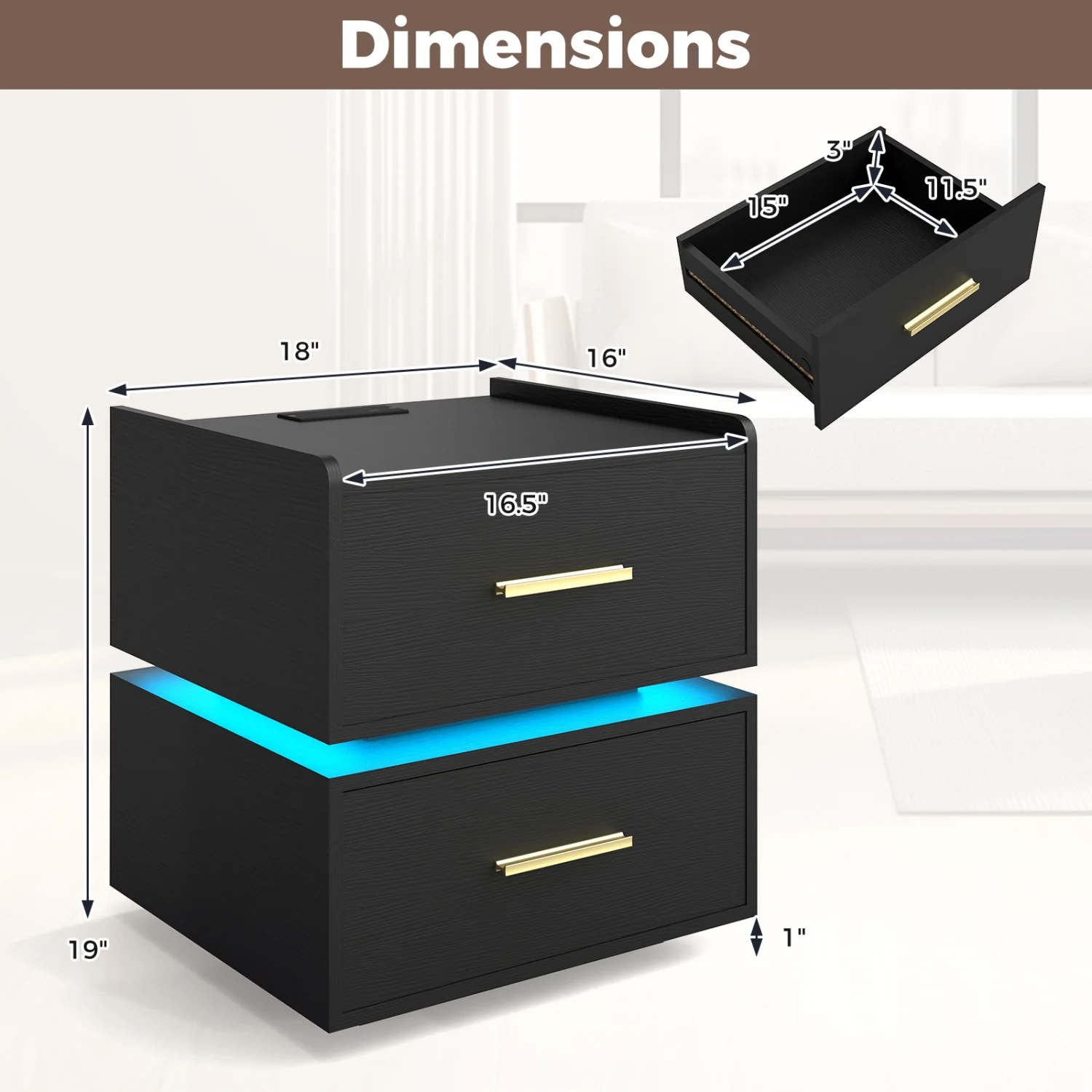 Nightstand With Charging Station, LED Bedside Table, 2 Storage Drawers, Black - Image 5