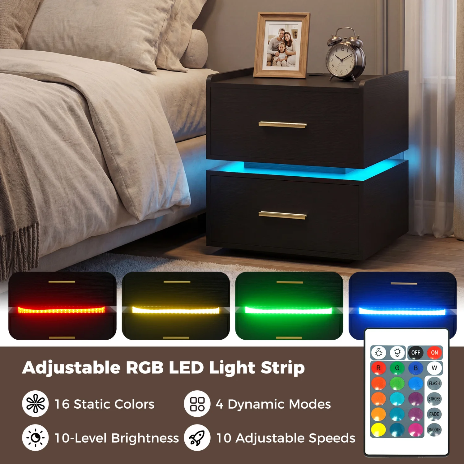 Nightstand With Charging Station, LED Bedside Table, 2 Storage Drawers, Black - Image 6
