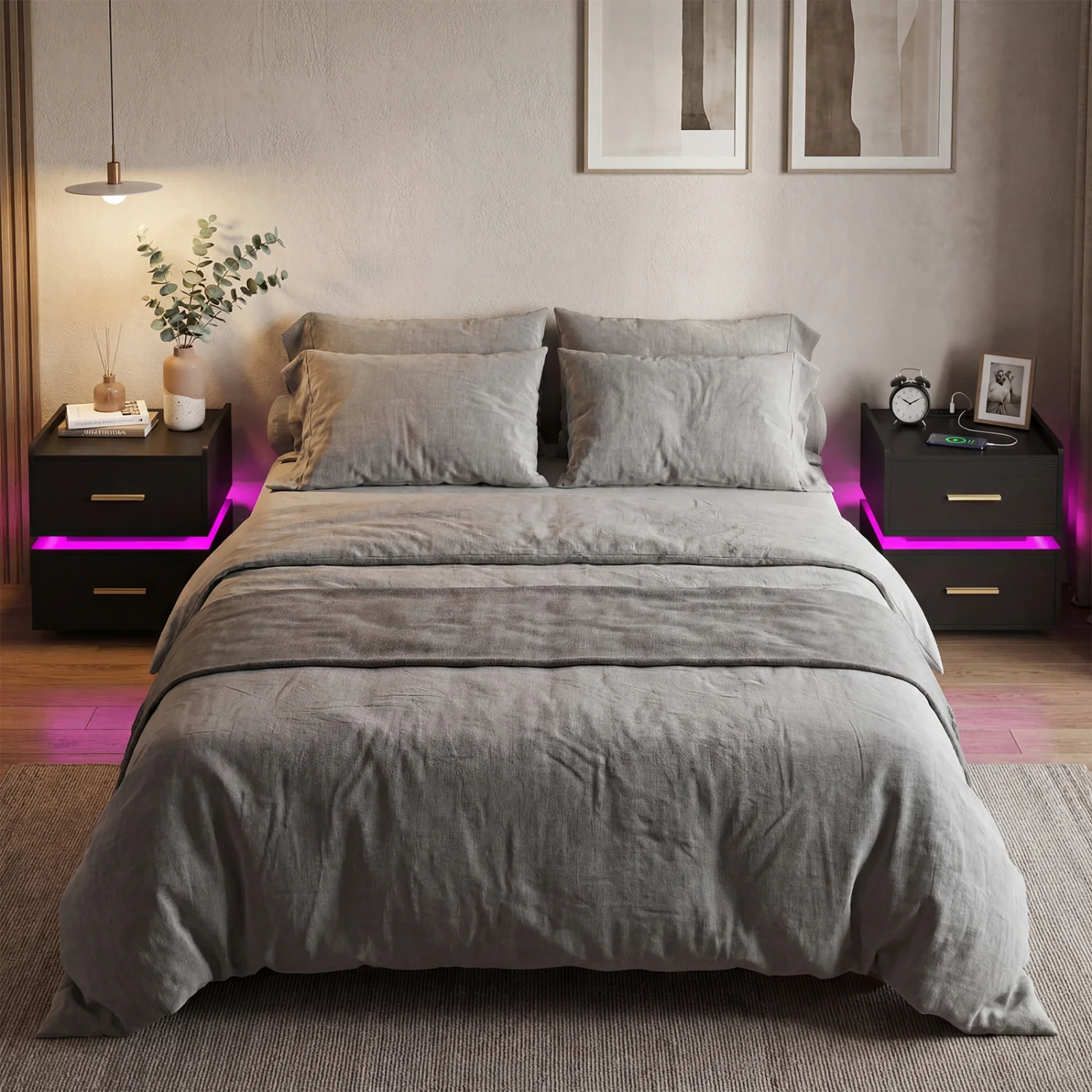 Nightstand With Charging Station, LED Bedside Table, 2 Storage Drawers, Black - Image 9