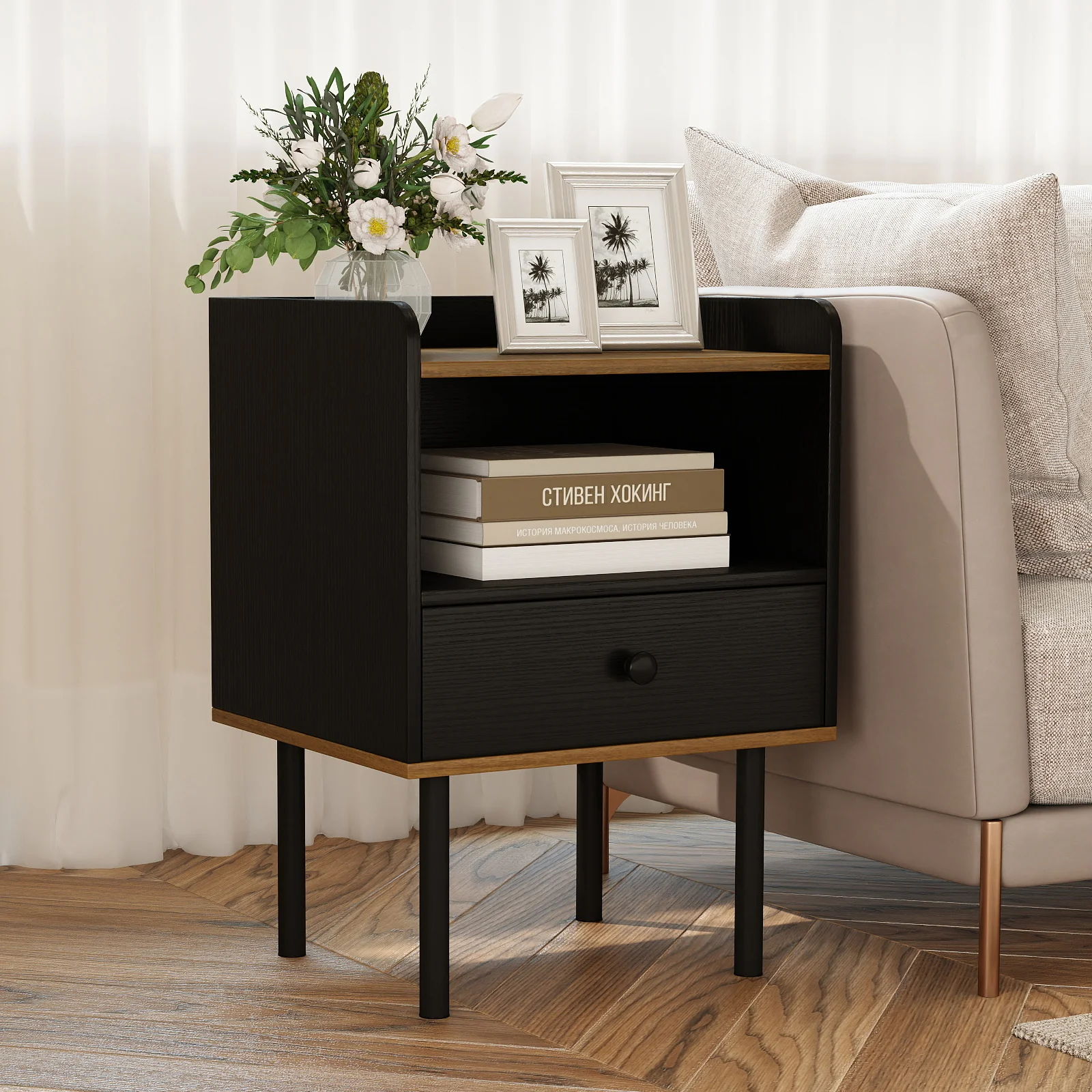 Nightstand with Drawer 3-Tier Sofa Side Table with Open Storage Shelf, Black - Image 3