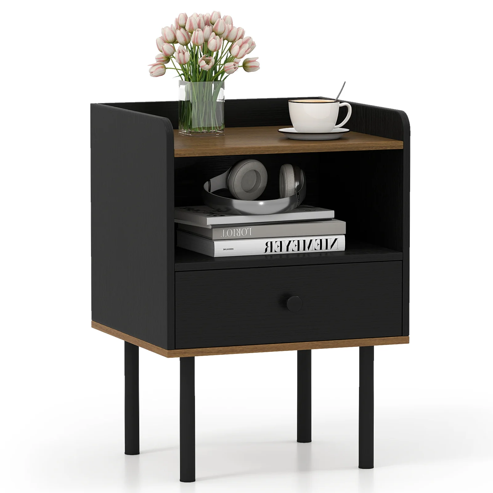 Nightstand with Drawer 3-Tier Sofa Side Table with Open Storage Shelf, Black - Image 4