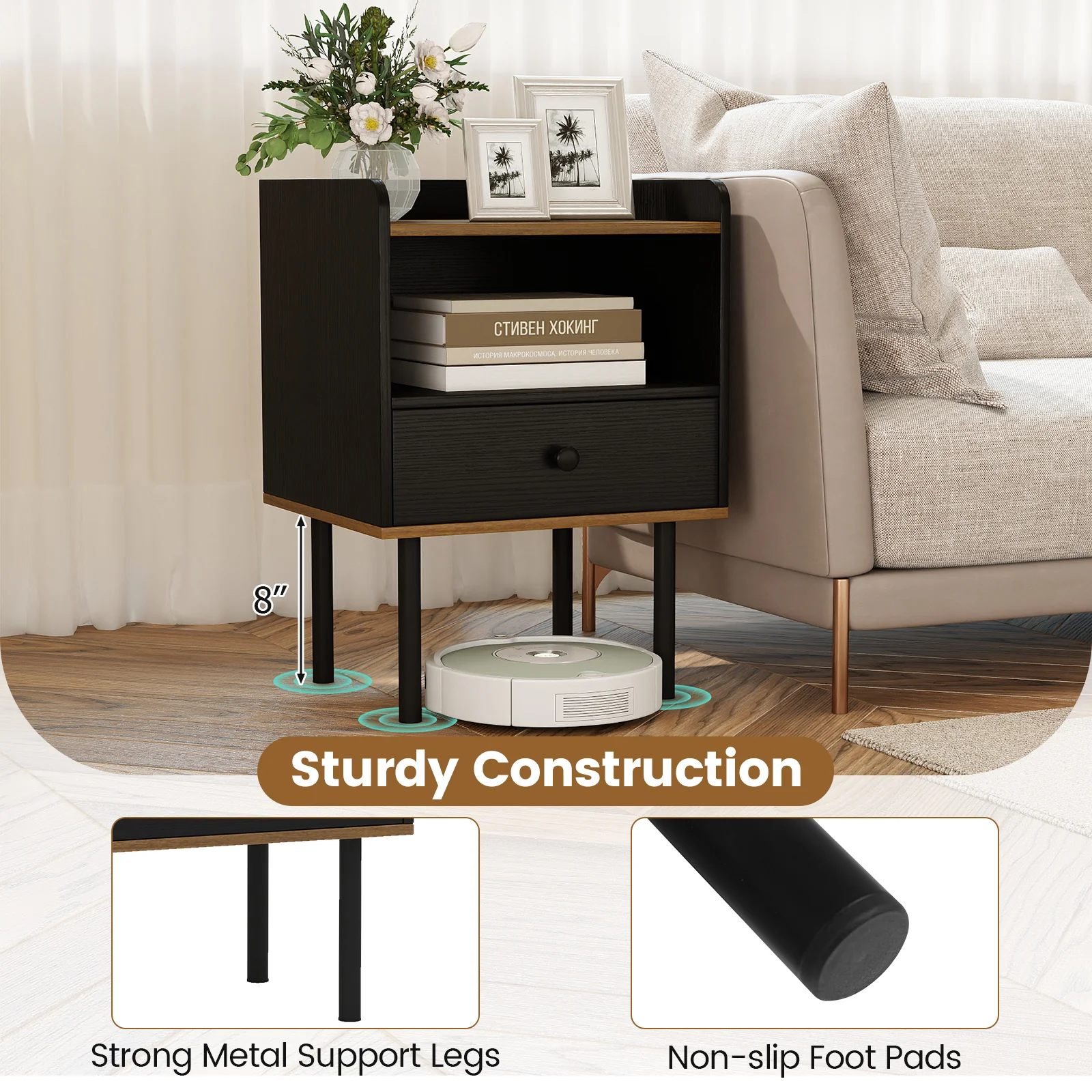 Nightstand with Drawer 3-Tier Sofa Side Table with Open Storage Shelf, Black - Image 8