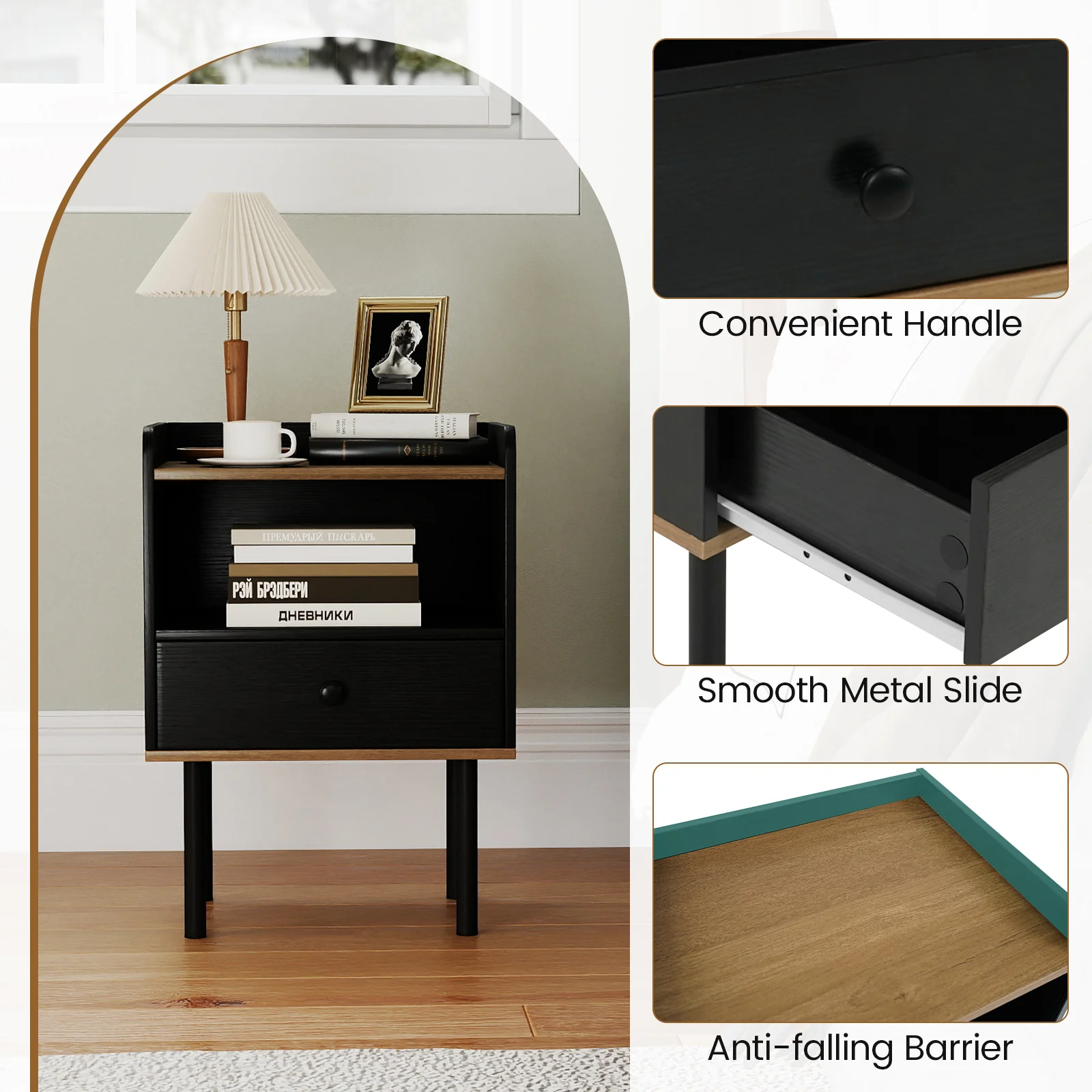 Nightstand with Drawer 3-Tier Sofa Side Table with Open Storage Shelf, Black - Image 9