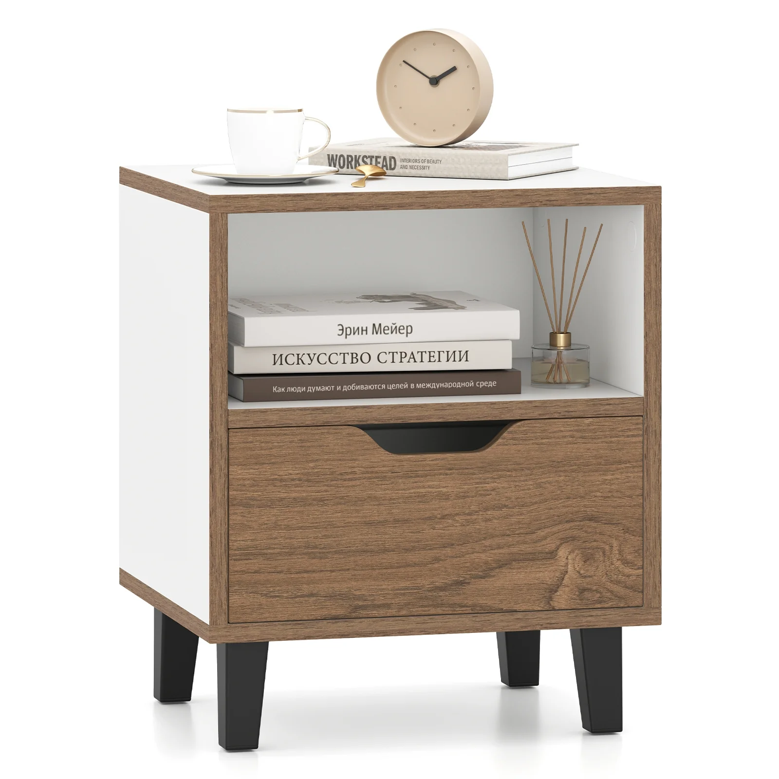 Nightstand With Drawer, Open Storage Shelf, White