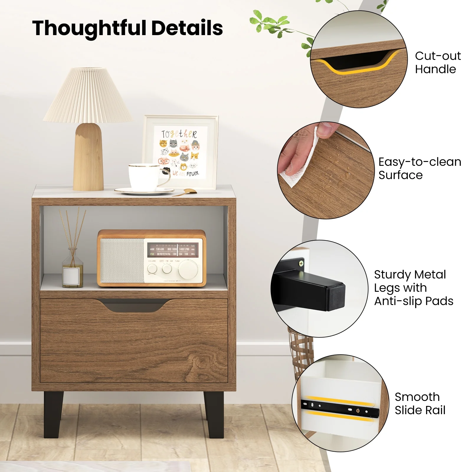 Nightstand With Drawer, Open Storage Shelf, White - Image 7