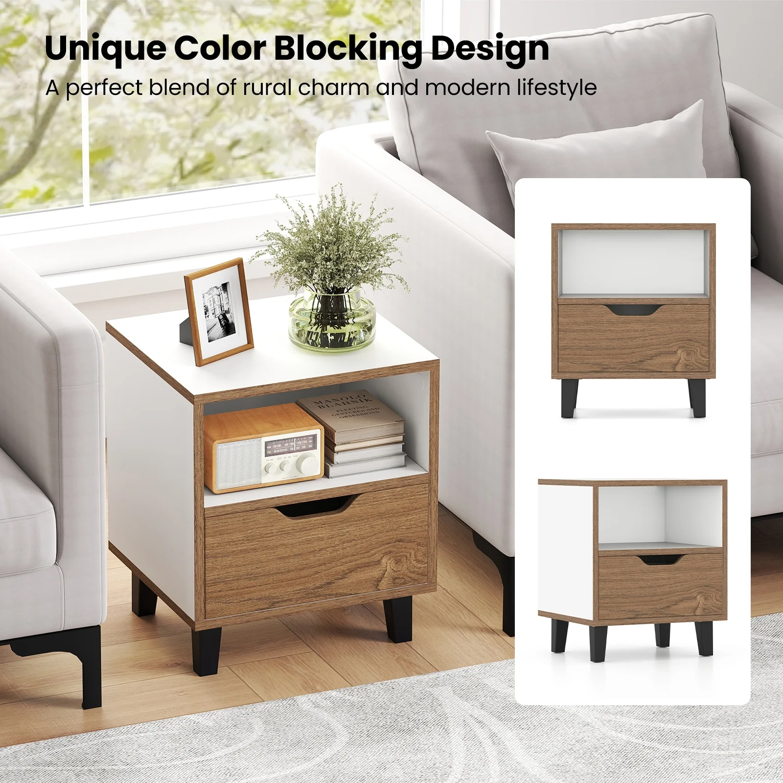 Nightstand With Drawer, Open Storage Shelf, White - Image 9