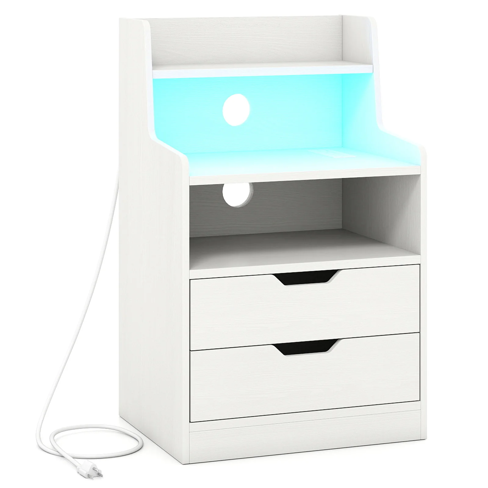 Nightstand with LED Light and Charging Station for Living Room Bedroom, White