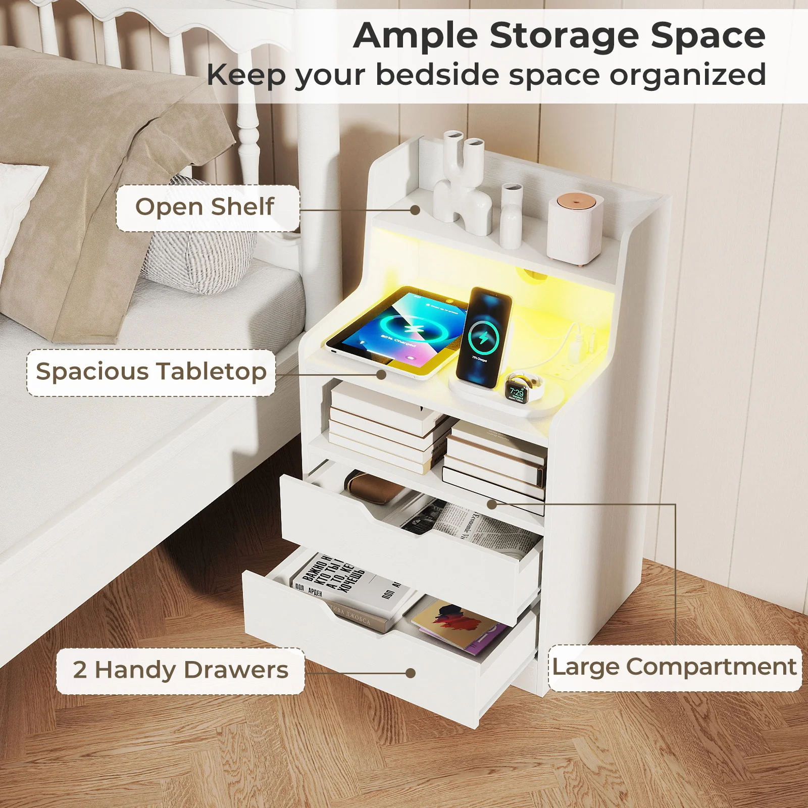 Nightstand with LED Light and Charging Station for Living Room Bedroom, White - Image 10