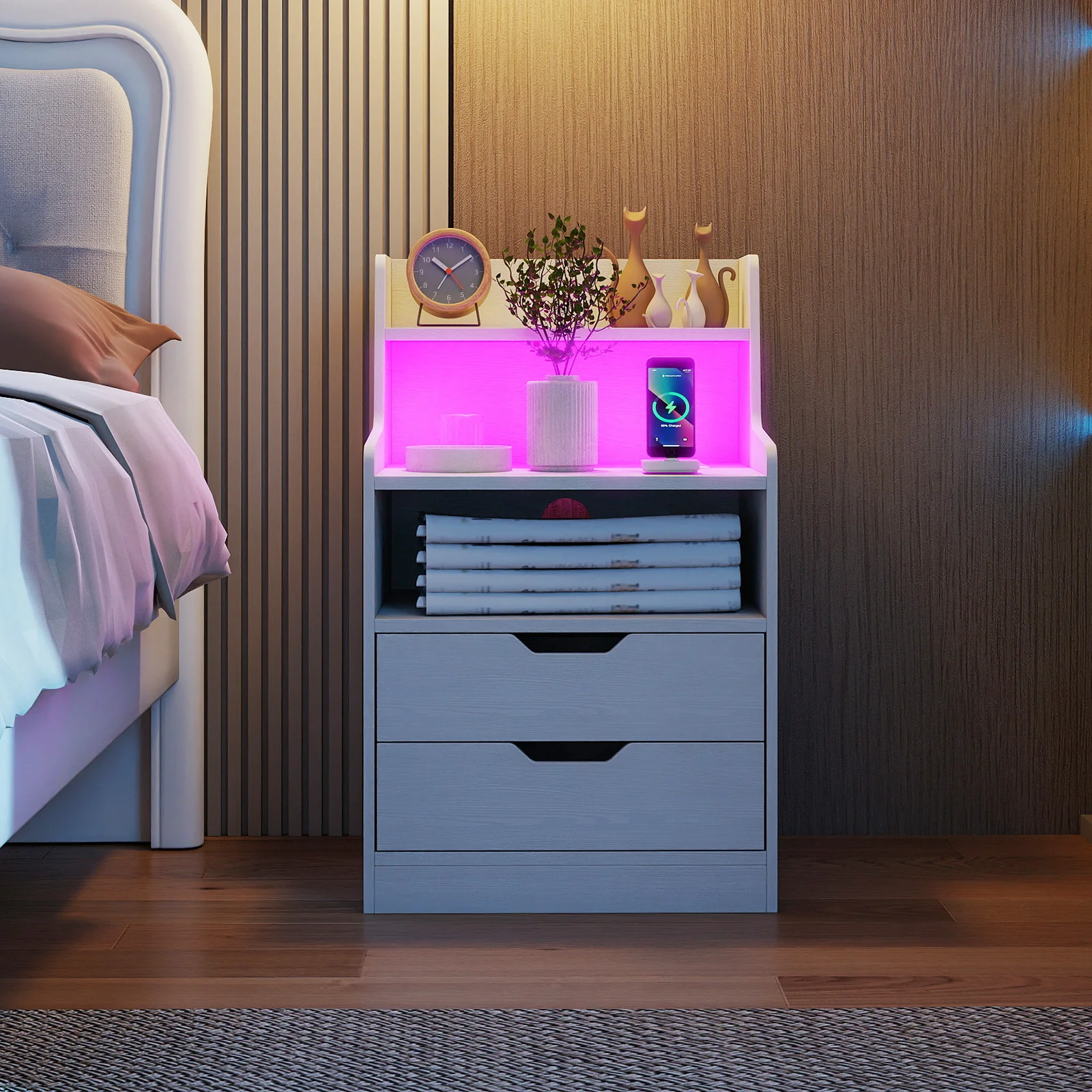 Nightstand with LED Light and Charging Station for Living Room Bedroom, White - Image 2