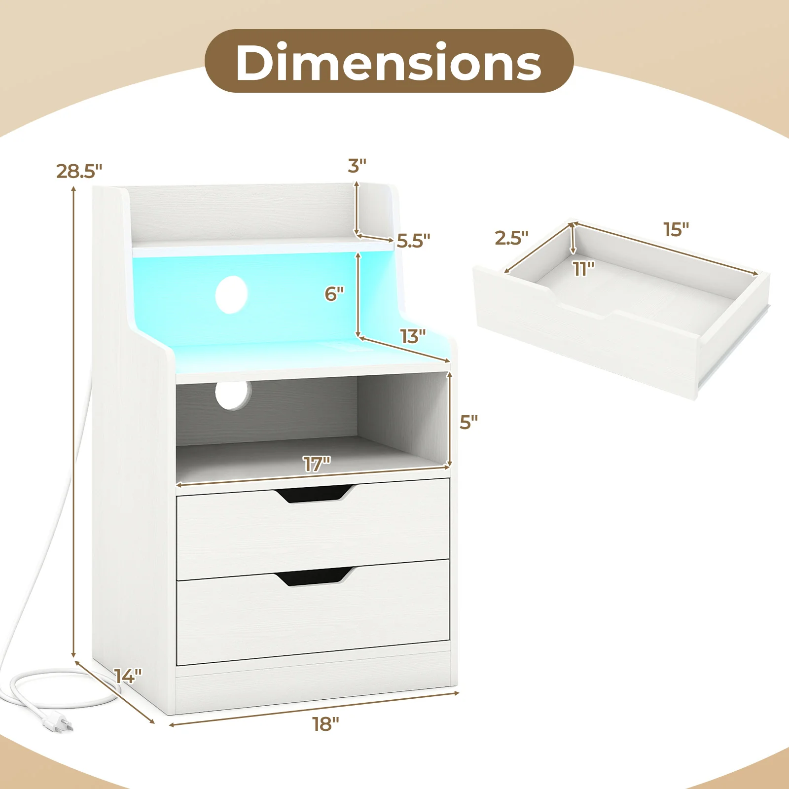 Nightstand with LED Light and Charging Station for Living Room Bedroom, White - Image 6