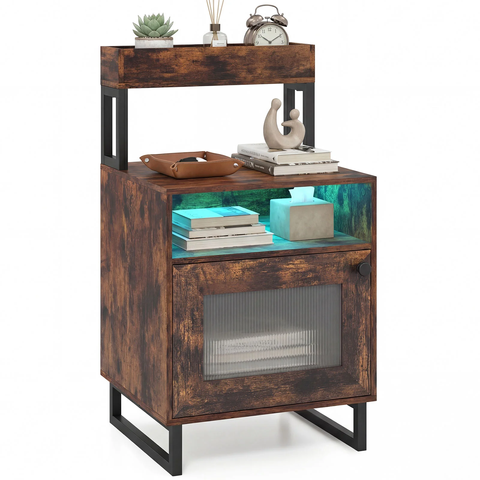 Nightstand with LED Lights, Modern End Table, Size, Rustic Brown