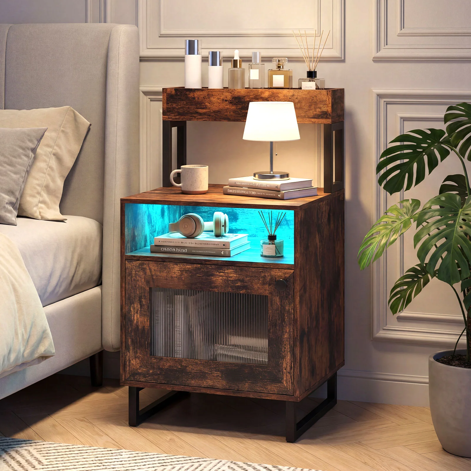 Nightstand with LED Lights, Modern End Table, Size, Rustic Brown - Image 6