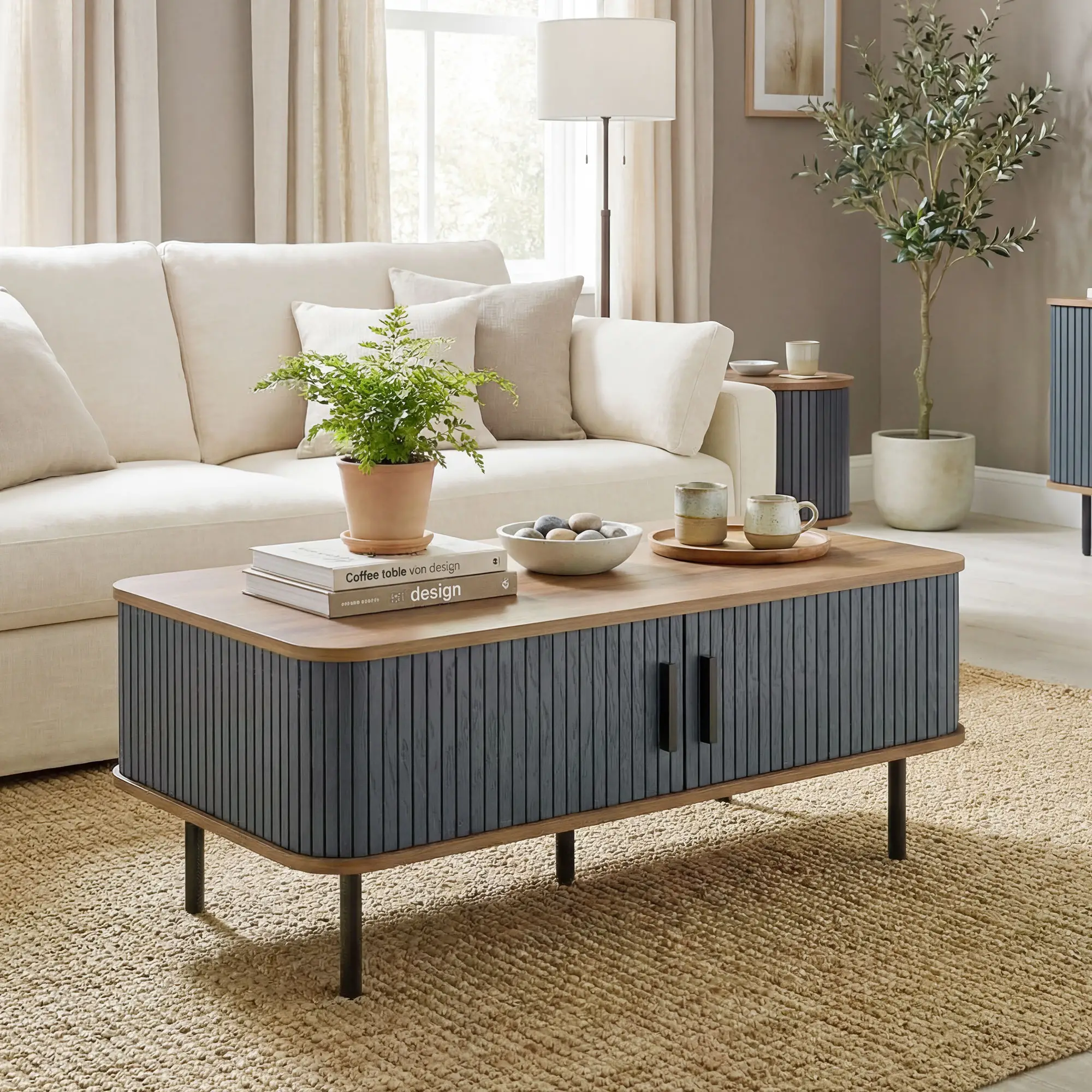 Nordic Side Table with Fluted Tambour Sliding Doors and Steel Legs, Coffee Table with Storage for Living Room, Black - Image 7