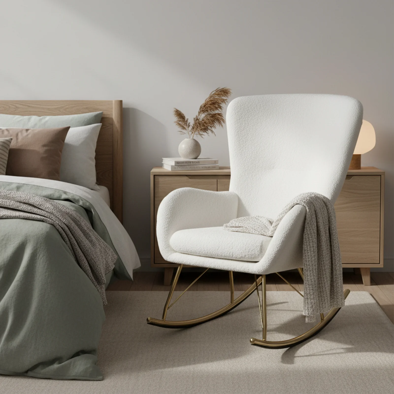 Nursery Rocking Chair, Curved Backrest, Armrests, White - Image 3