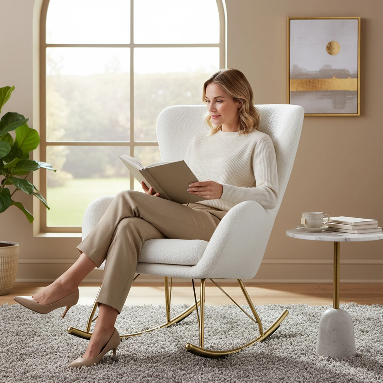 Nursery Rocking Chair, Curved Backrest, Armrests, White - Image 7