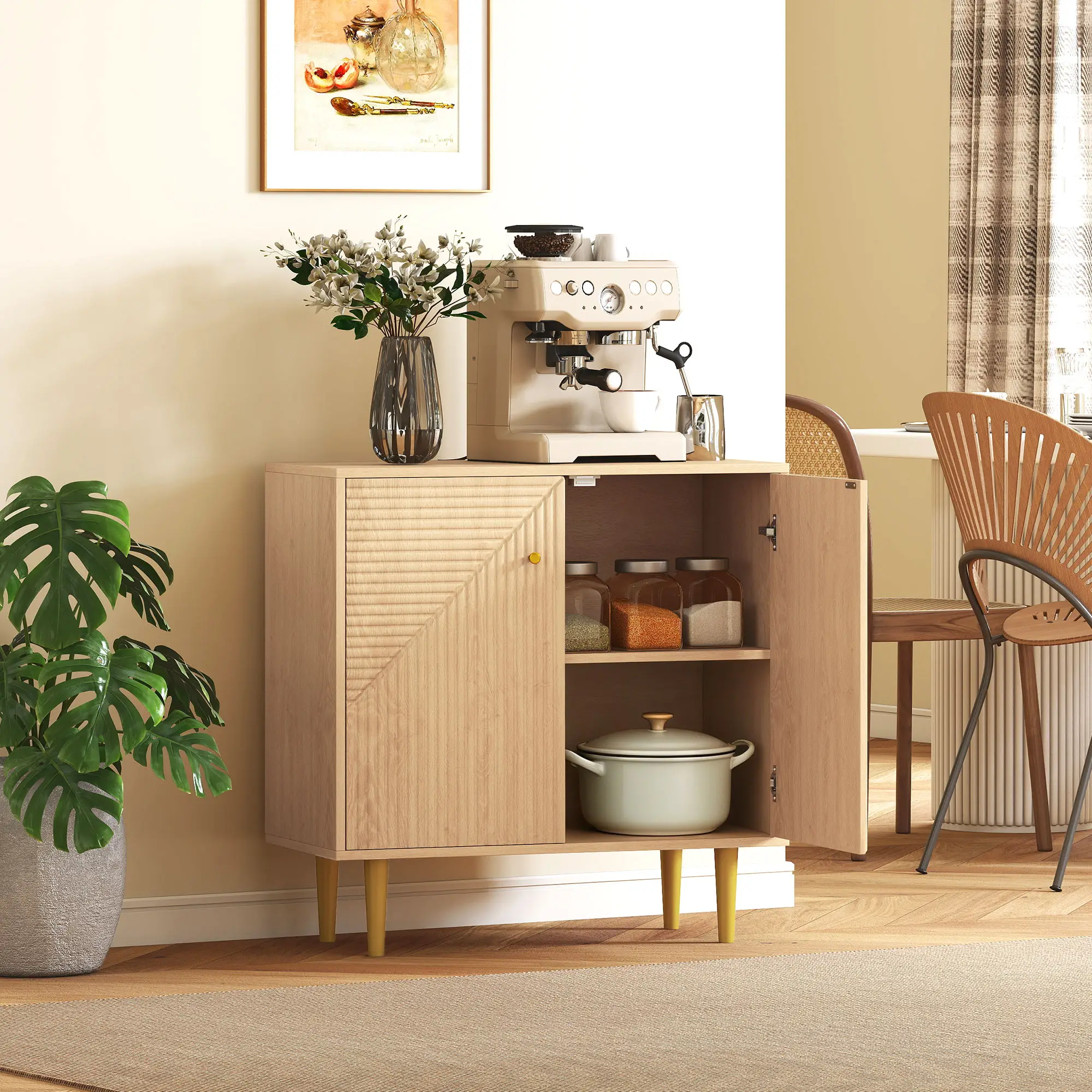 Oak Sideboard With Adjustable Shelf, 2 Doors, Gold Steel Legs, Gold - Image 2