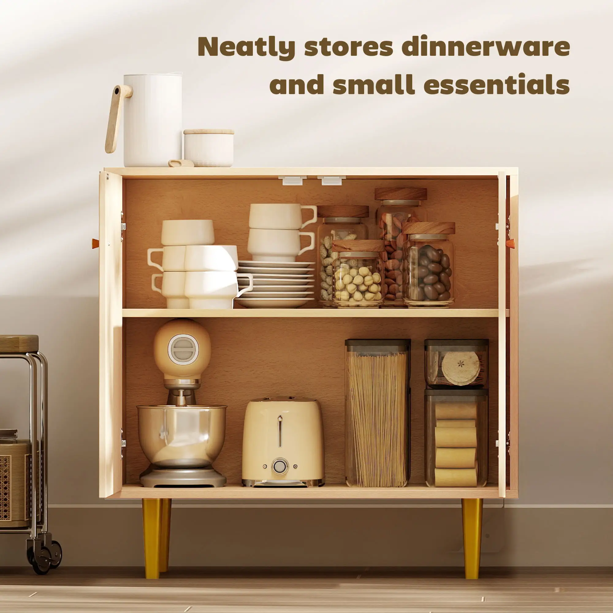 Oak Sideboard With Adjustable Shelf, 2 Doors, Gold Steel Legs, Gold - Image 4