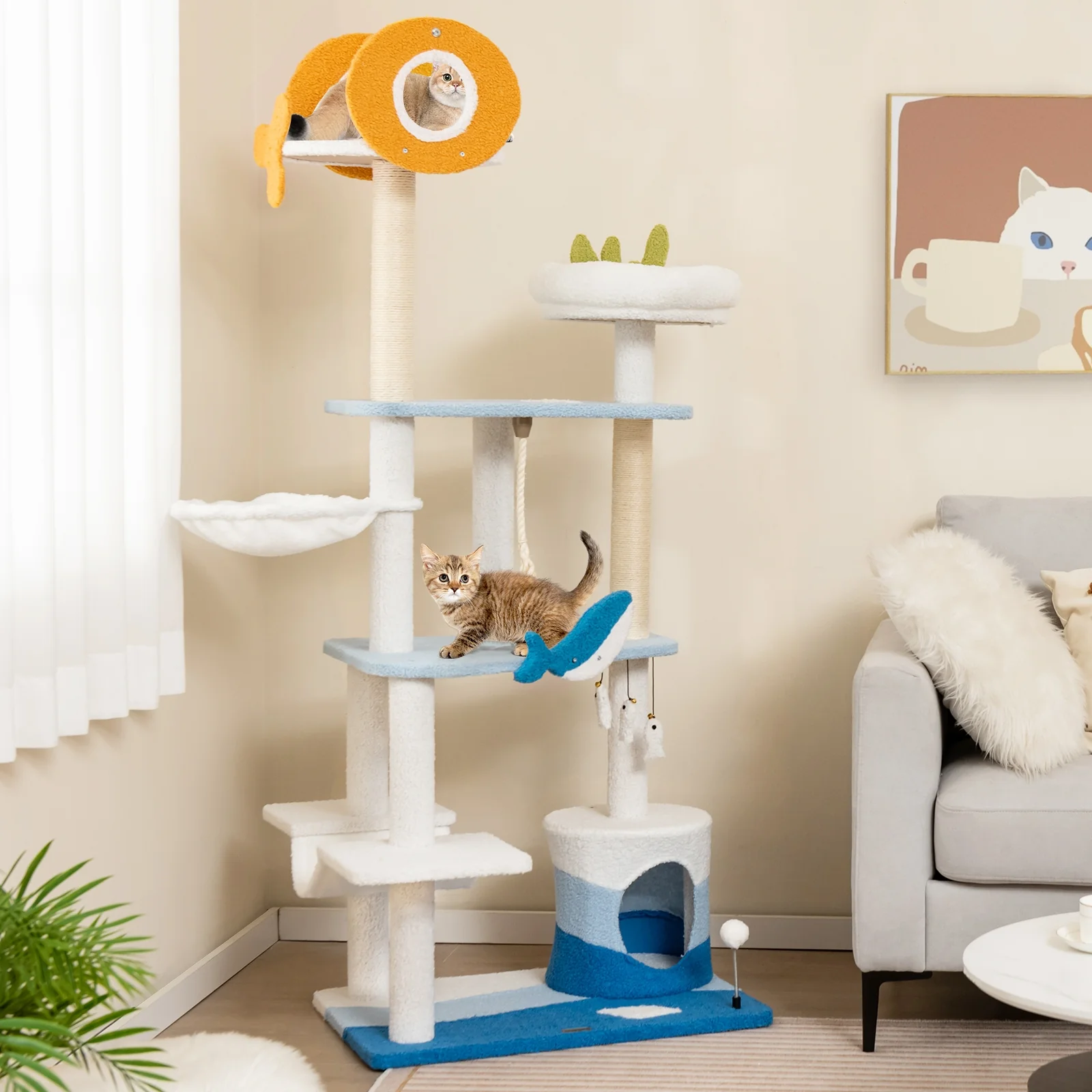Ocean Themed Cat Tree Tower, Sisal Scratching Posts, Blue - Image 2