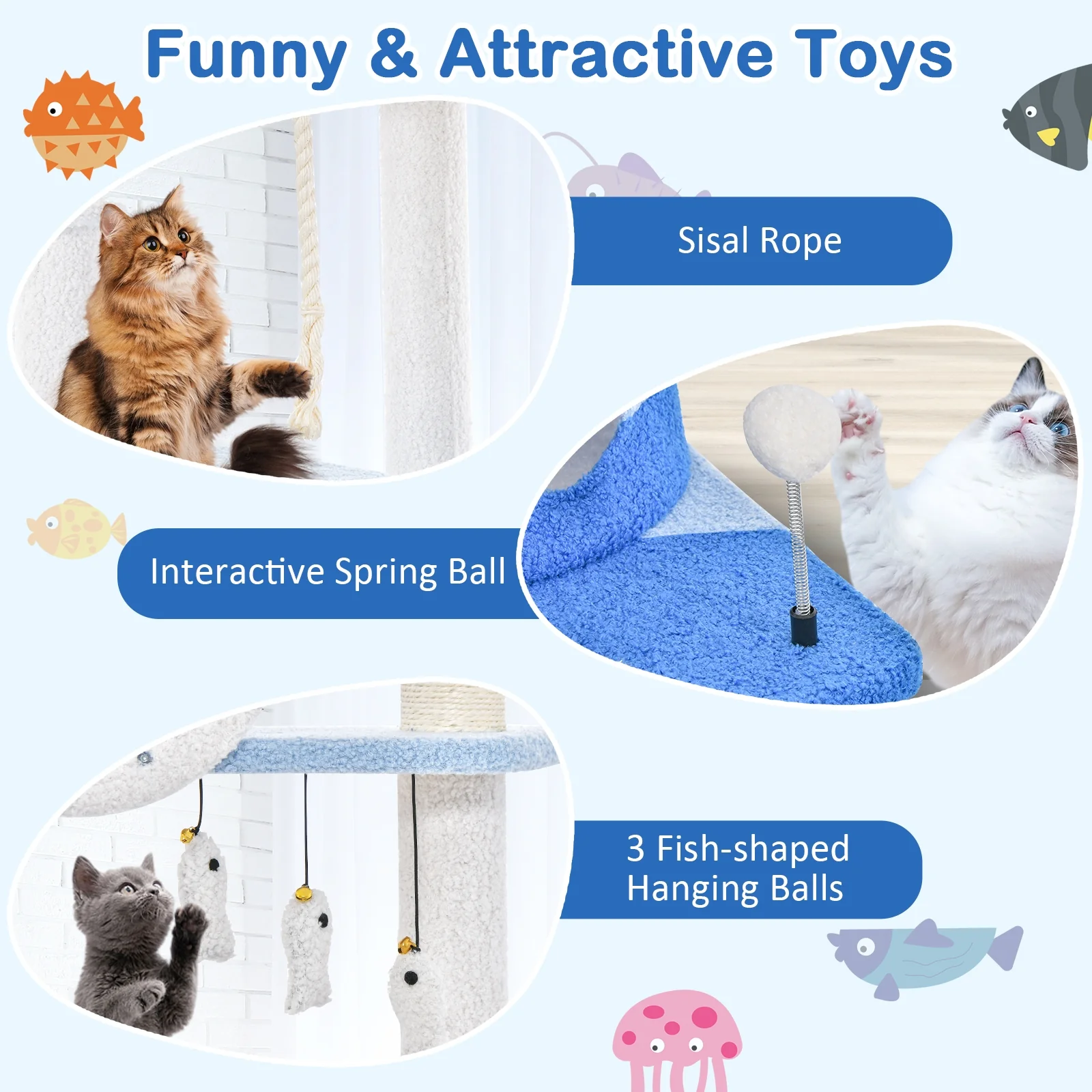 Ocean Themed Cat Tree Tower, Sisal Scratching Posts, Blue - Image 6