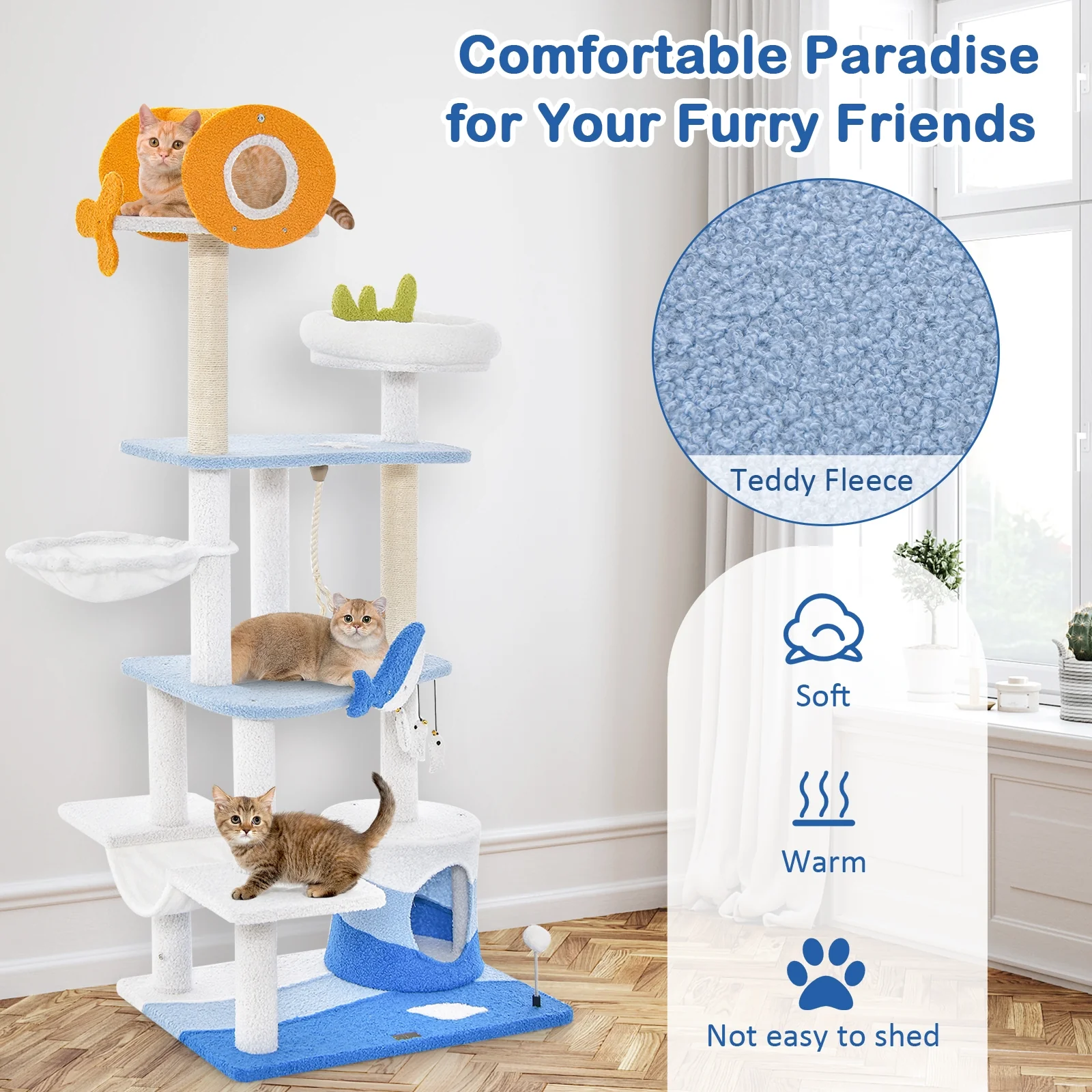 Ocean Themed Cat Tree Tower, Sisal Scratching Posts, Blue - Image 9