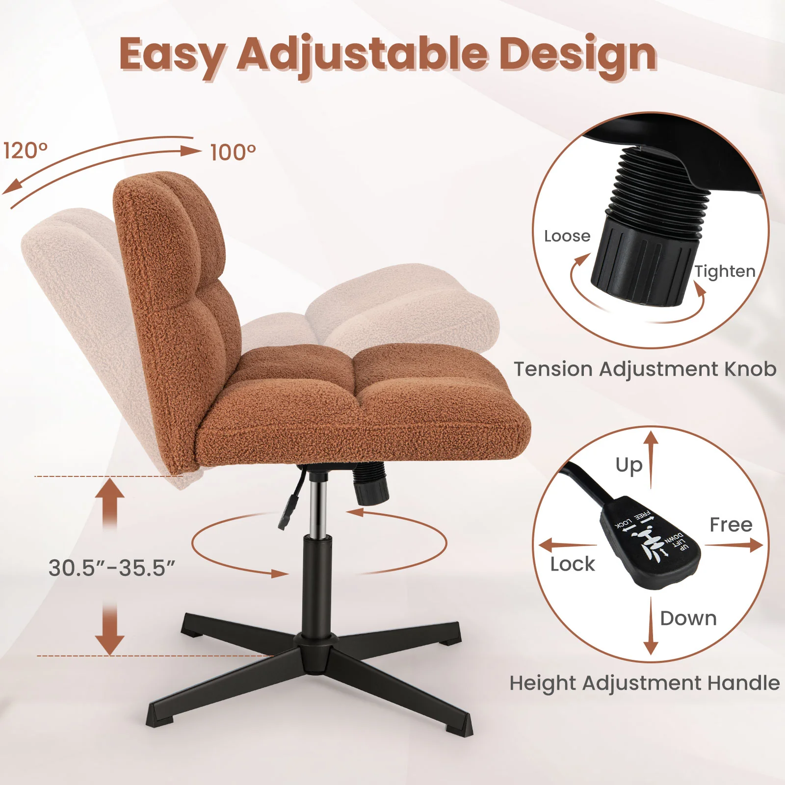 Office Armless Chair, Cross Legged, Imitation Lamb Fleece, Adjustable Height, Brown - Image 10