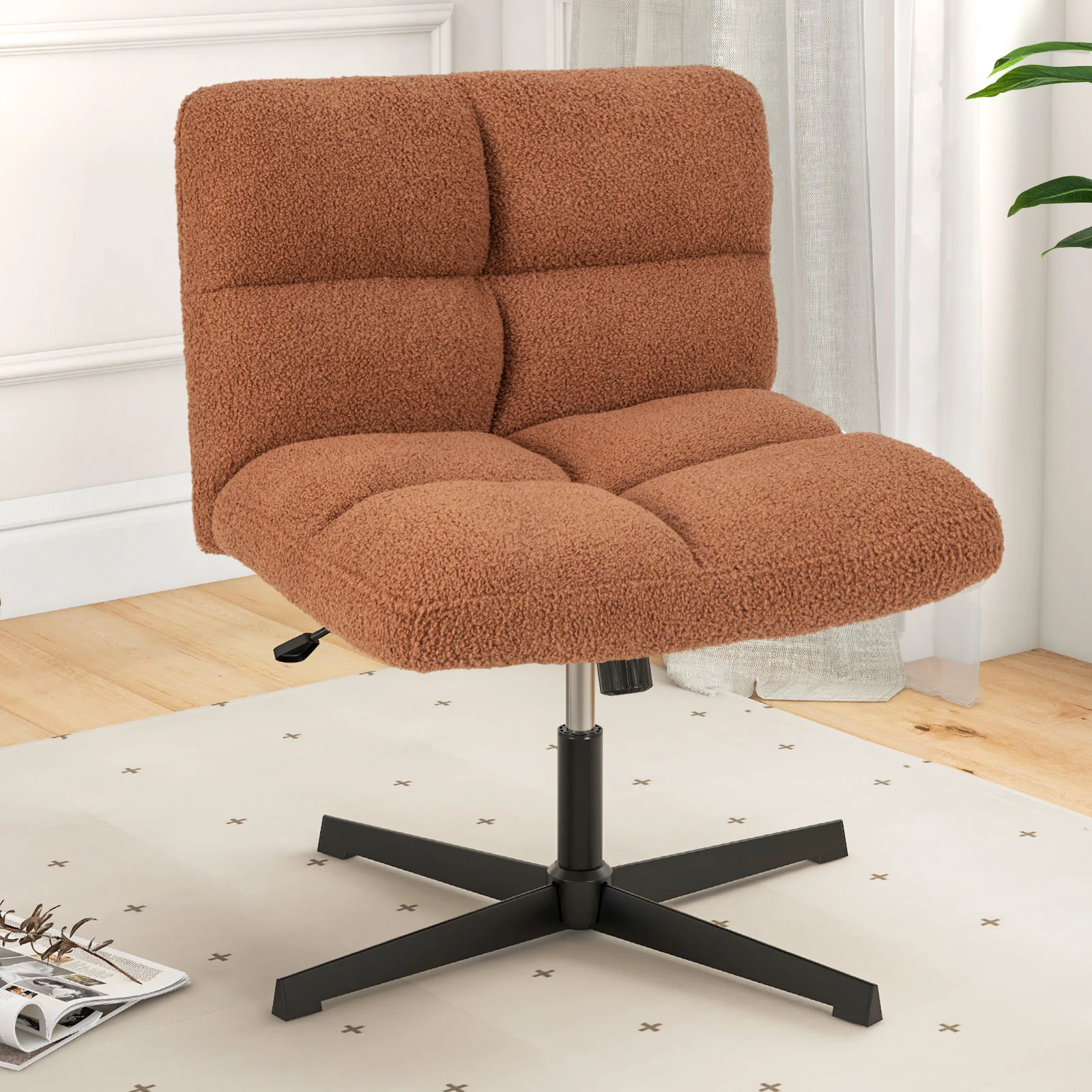 Office Armless Chair, Cross Legged, Imitation Lamb Fleece, Adjustable Height, Brown - Image 2