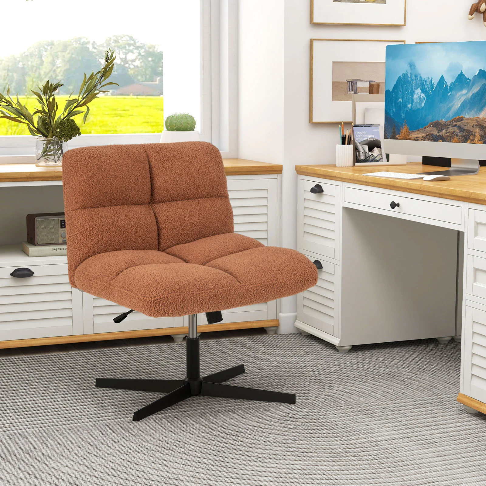 Office Armless Chair, Cross Legged, Imitation Lamb Fleece, Adjustable Height, Brown - Image 7