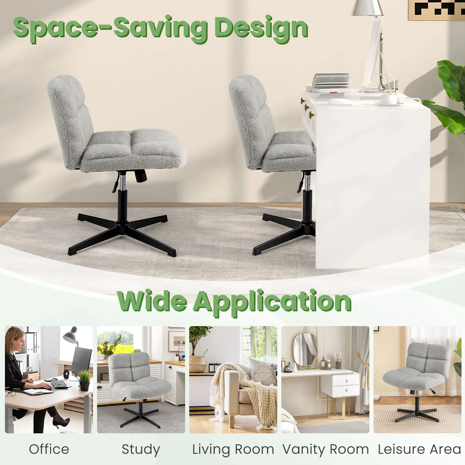 Office Armless Chair Cross Legged with Imitation Lamb Fleece and Adjustable Height, Gray - Image 10