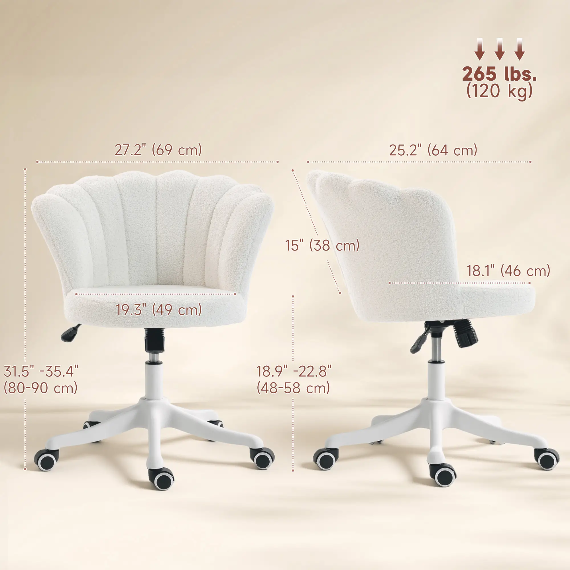 Office Chair, Armless Swivel Desk Chair with Adjustable Height, Backrest, Tilt Function for Office, Vanity, Cream White - Image 3
