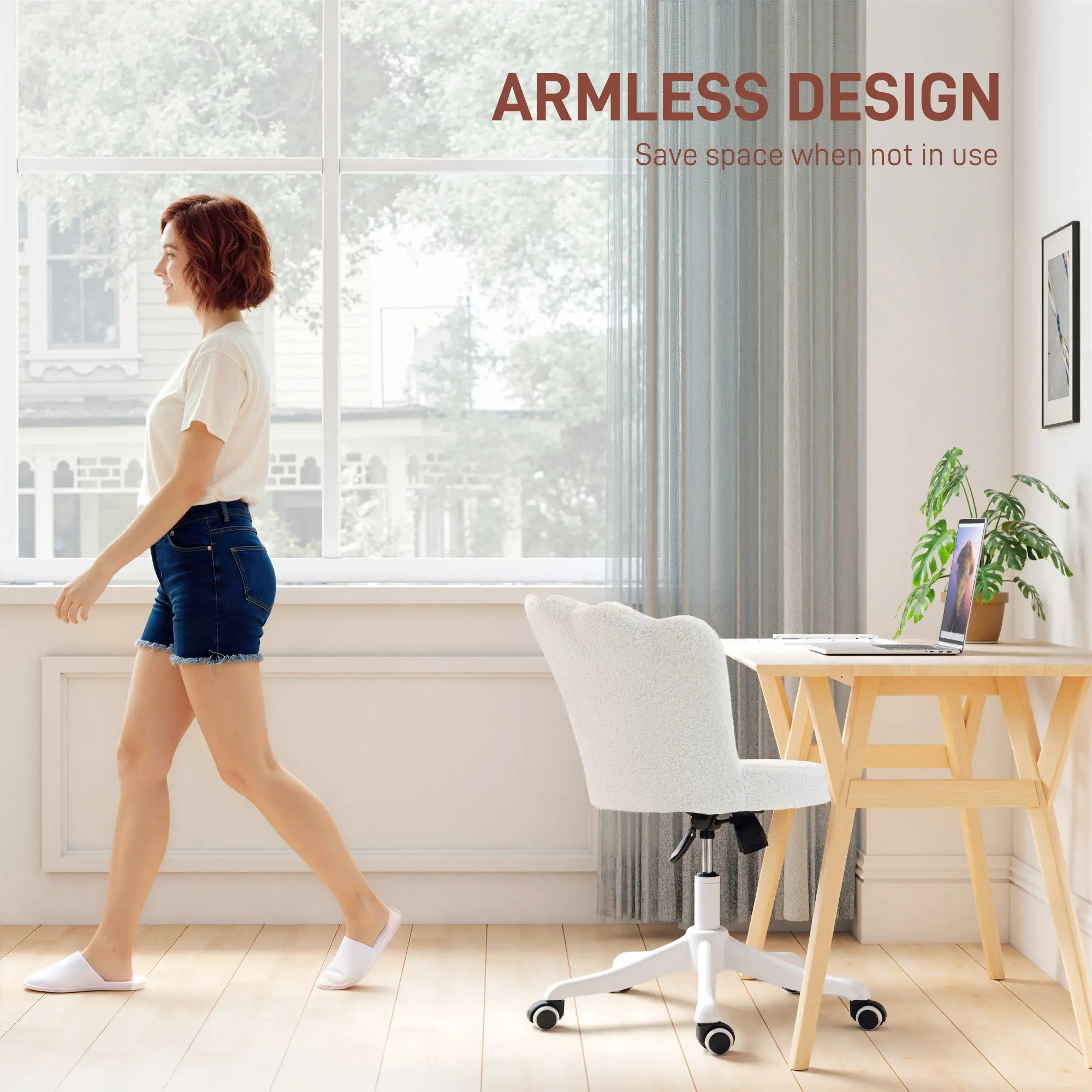 Office Chair, Armless Swivel Desk Chair with Adjustable Height, Backrest, Tilt Function for Office, Vanity, Cream White - Image 6