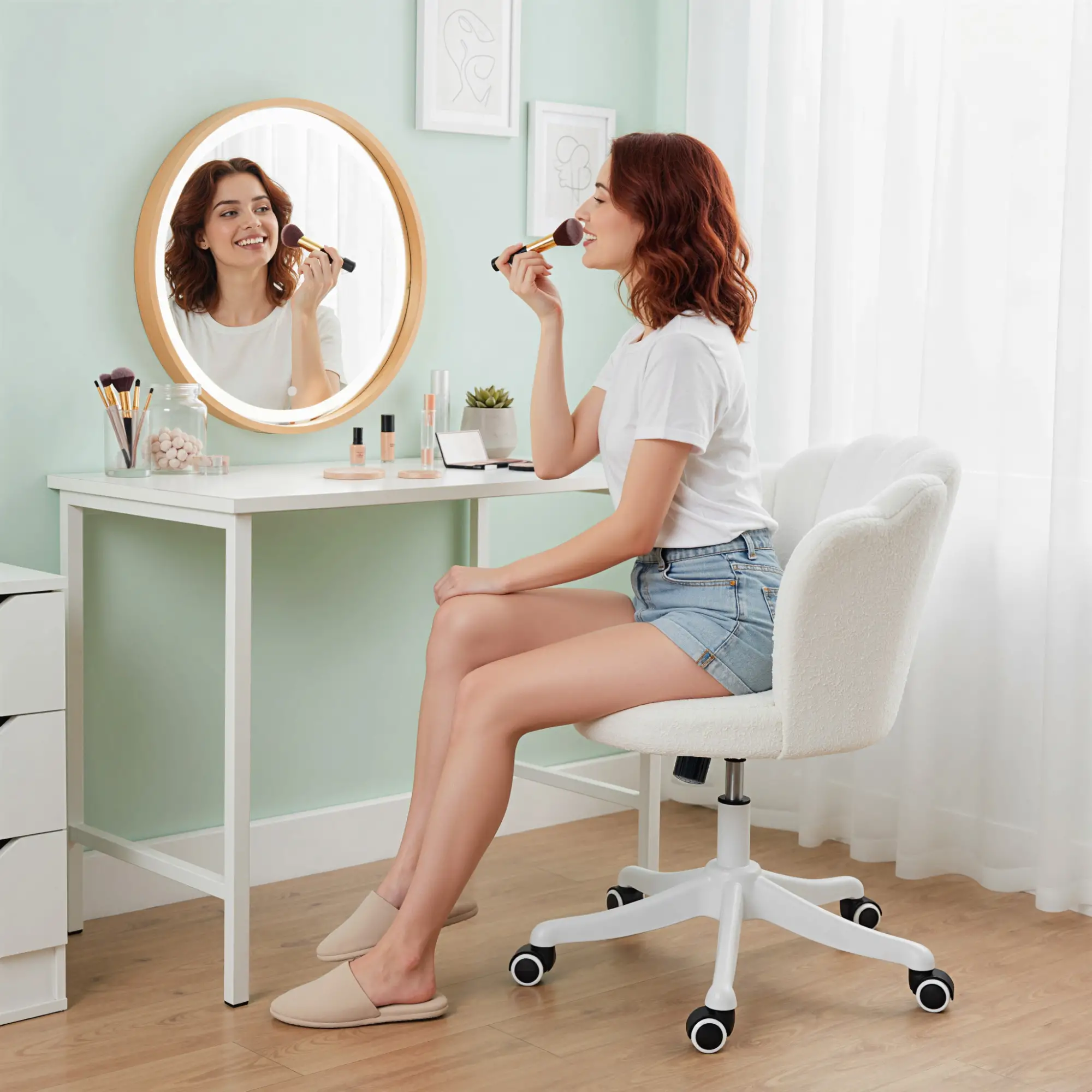 Office Chair, Armless Swivel Desk Chair with Adjustable Height, Backrest, Tilt Function for Office, Vanity, Cream White - Image 9