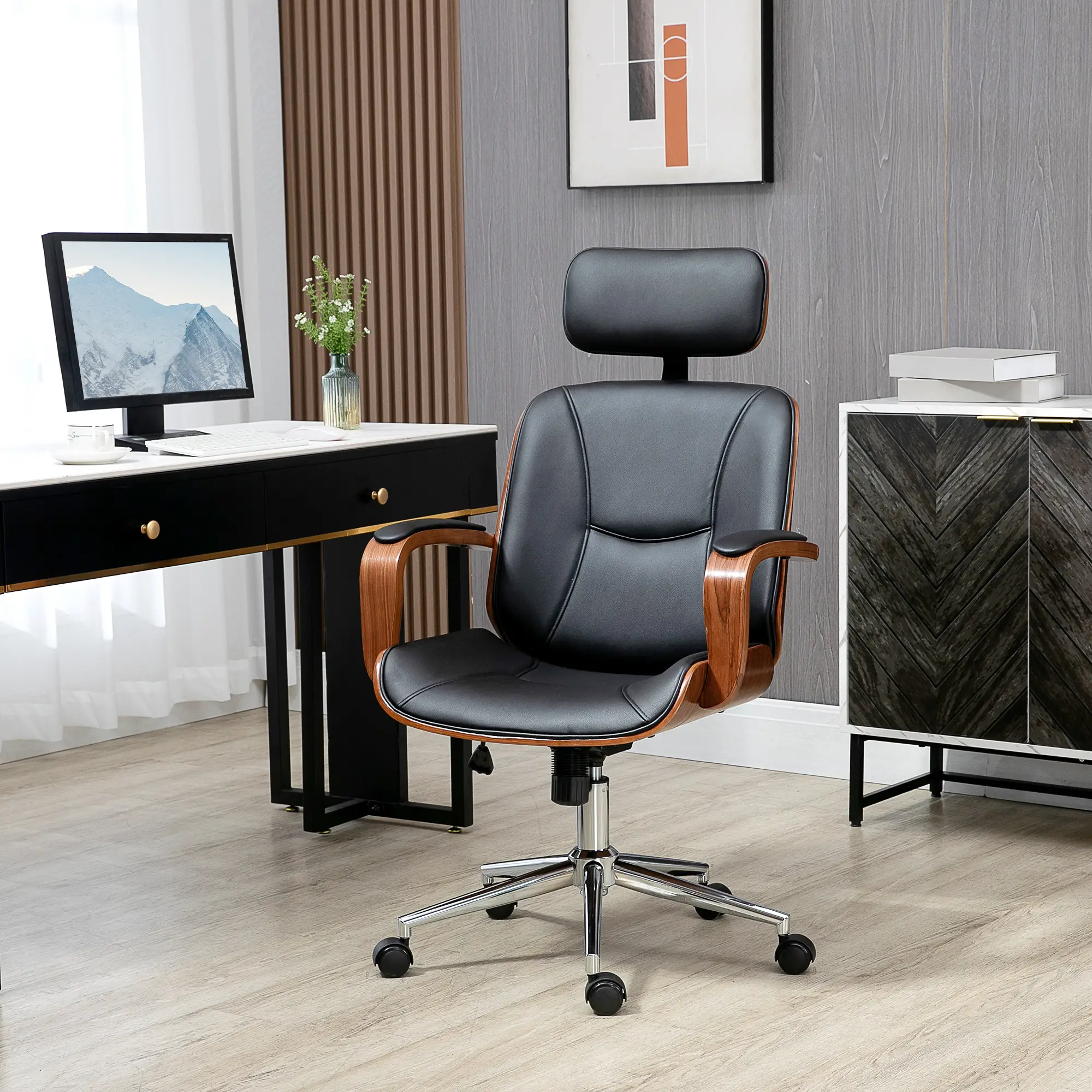 Office Chair, PU Leather Desk Chair, Adjustable Height, Tilt, Wheels, Black - Image 2