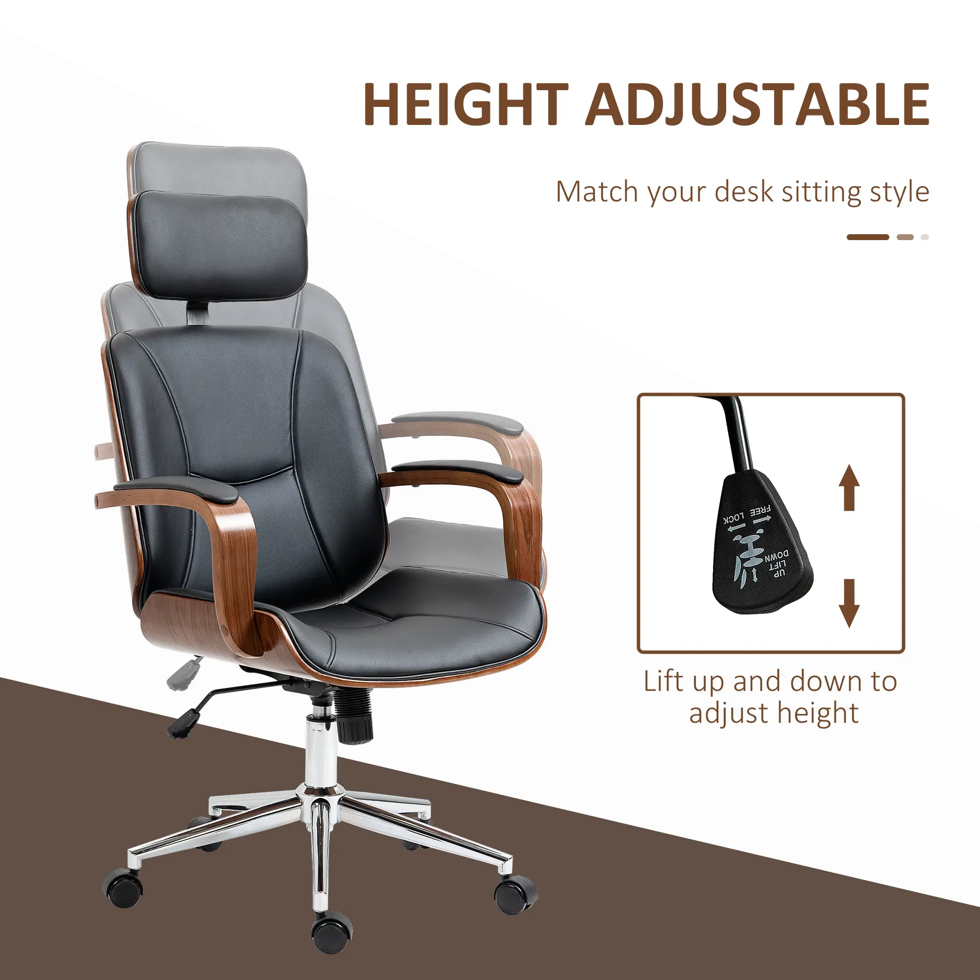 Office Chair, PU Leather Desk Chair, Adjustable Height, Tilt, Wheels, Black - Image 4