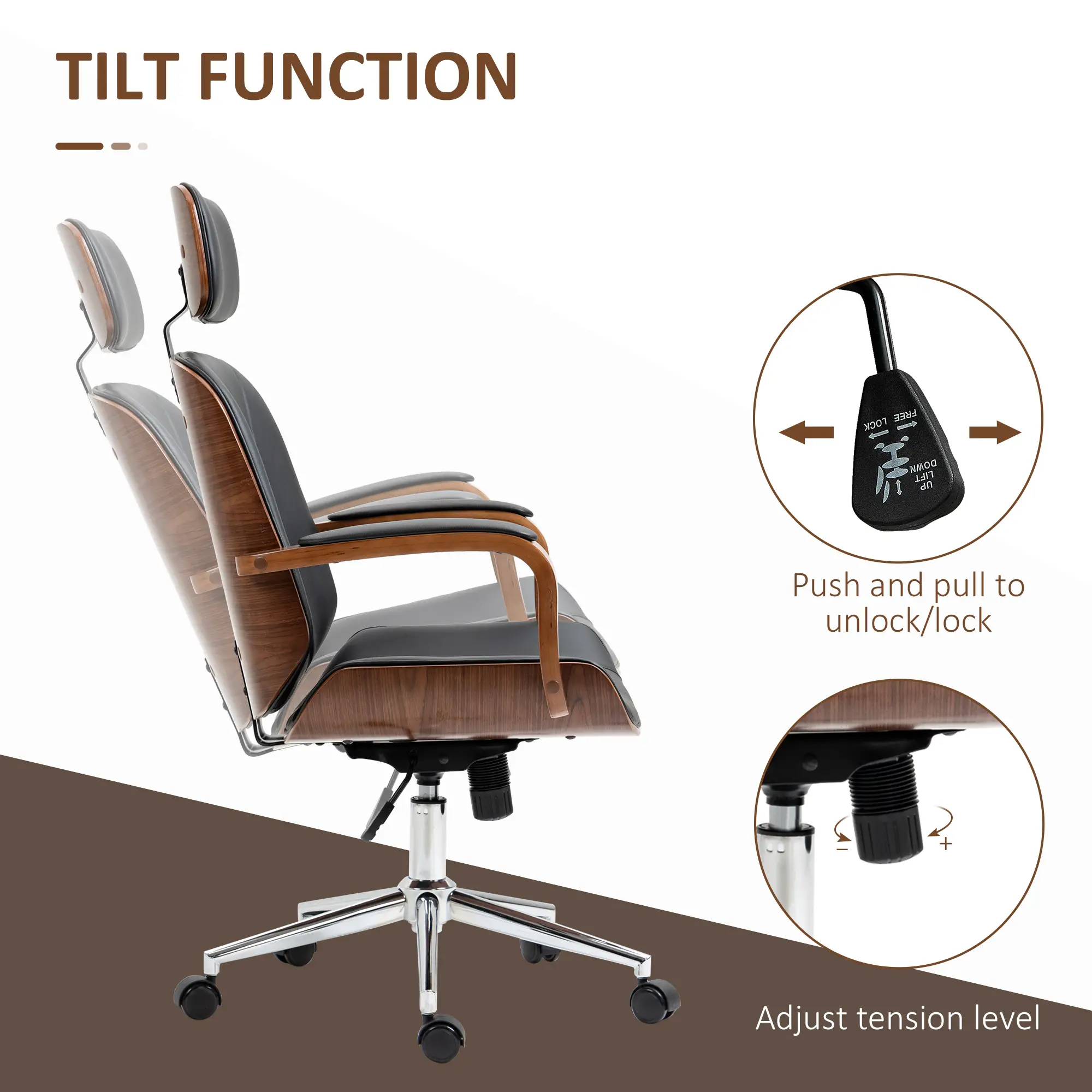 Office Chair, PU Leather Desk Chair, Adjustable Height, Tilt, Wheels, Black - Image 5