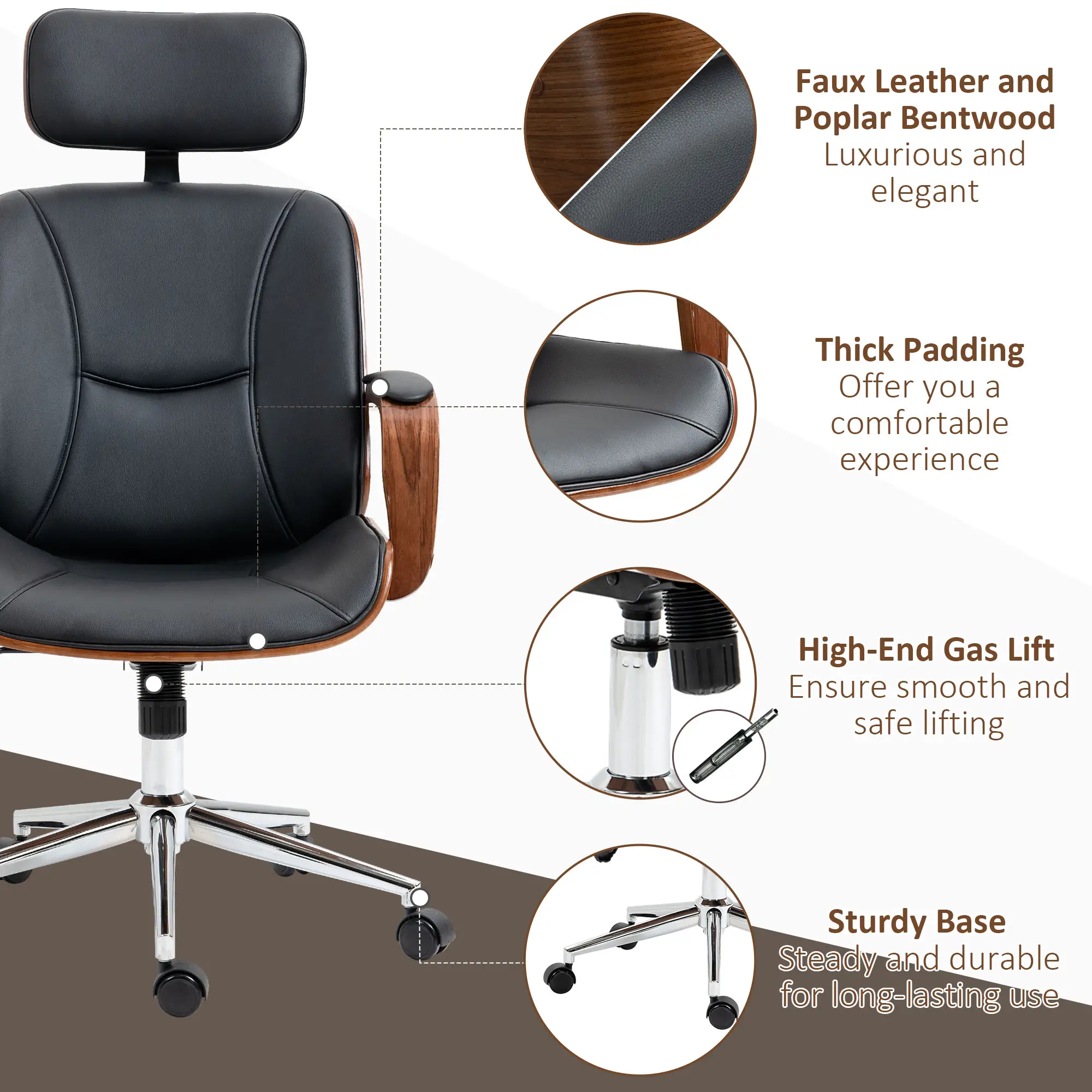 Office Chair, PU Leather Desk Chair, Adjustable Height, Tilt, Wheels, Black - Image 7