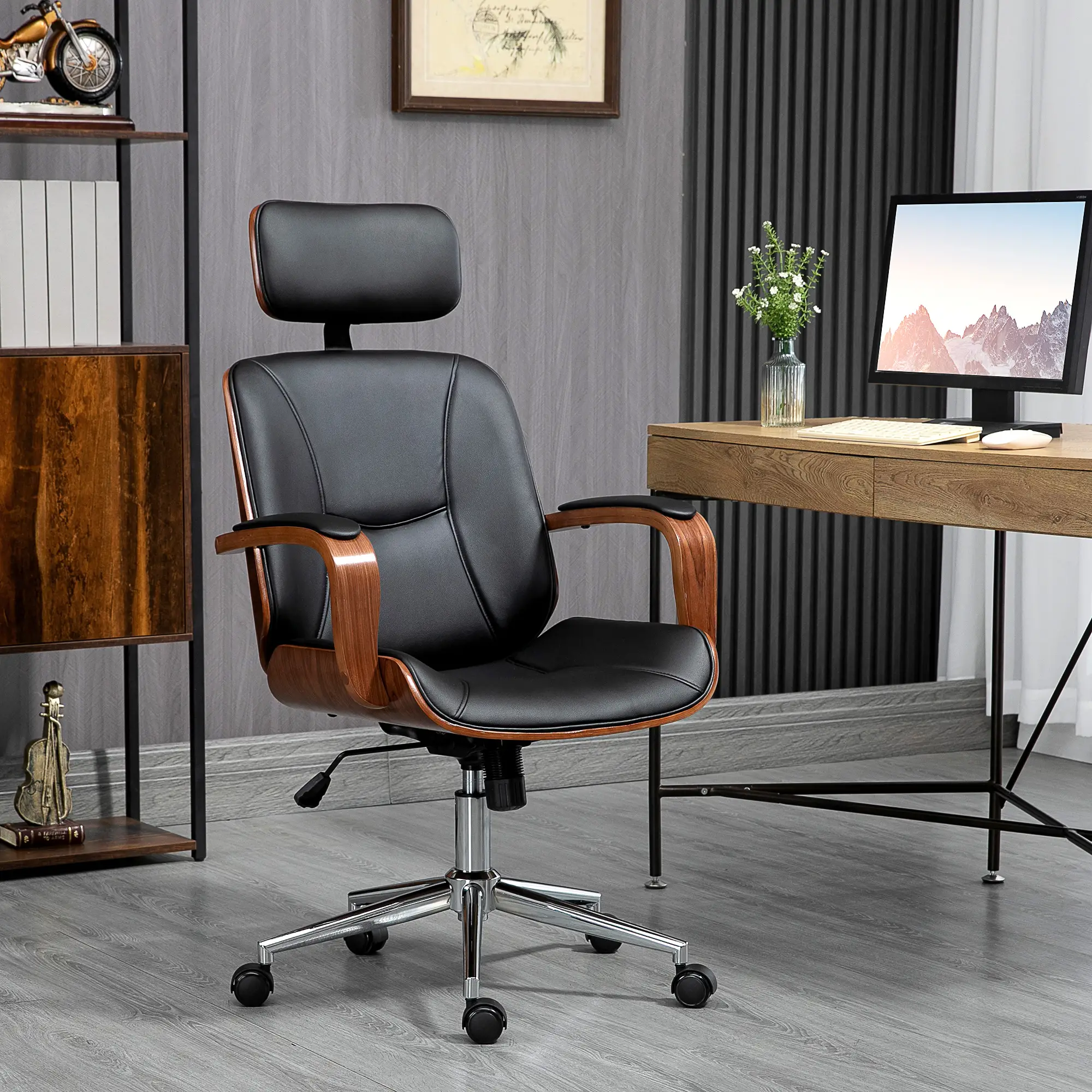 Office Chair, PU Leather Desk Chair, Adjustable Height, Tilt, Wheels, Black - Image 8
