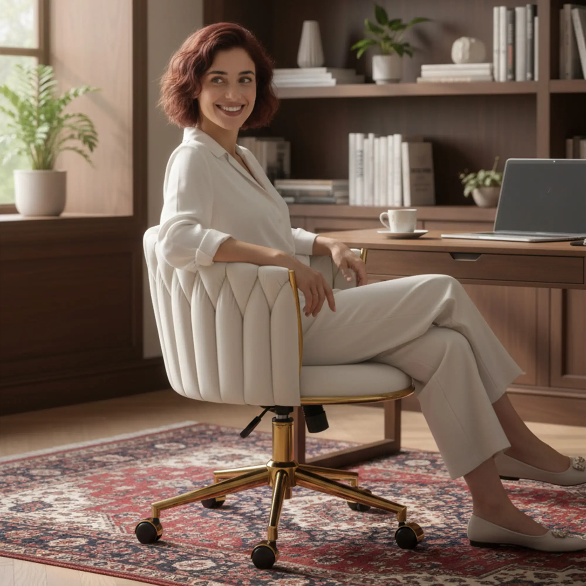 Office Chair, Vanity Chair, Adjustable Height, Rolling Wheels, Cream White - Image 10