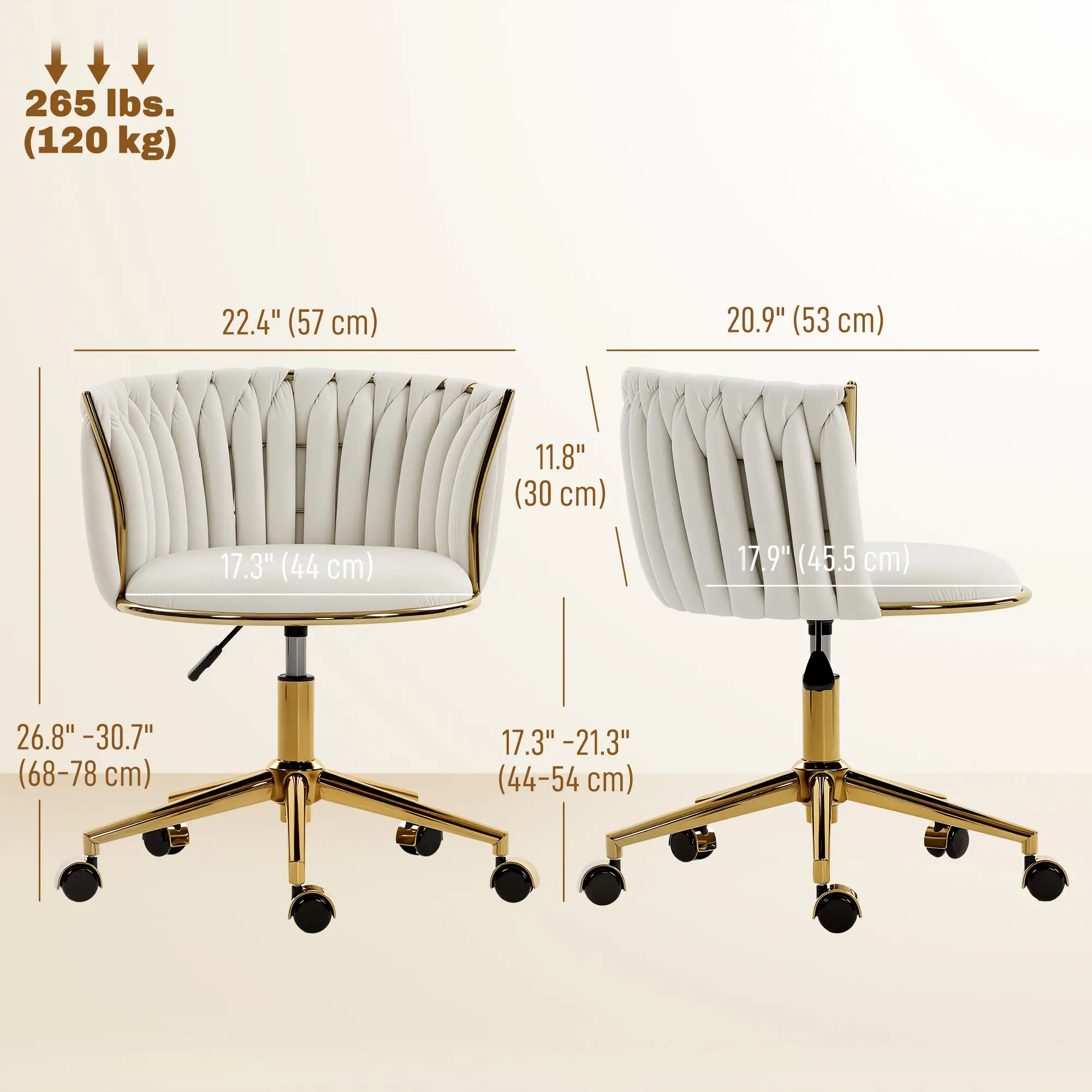 Office Chair, Vanity Chair, Adjustable Height, Rolling Wheels, Cream White - Image 3
