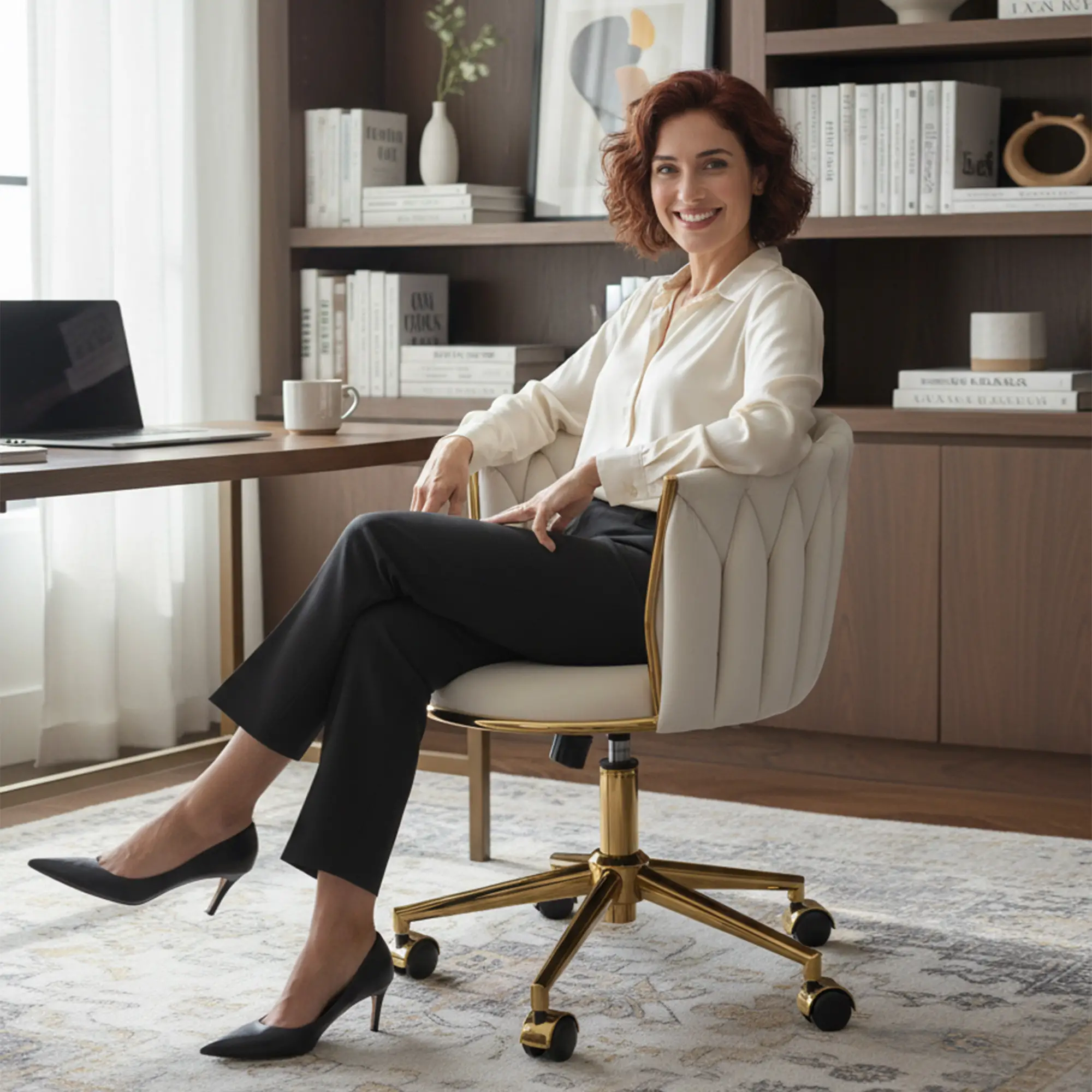 Office Chair, Vanity Chair, Adjustable Height, Rolling Wheels, Cream White - Image 9