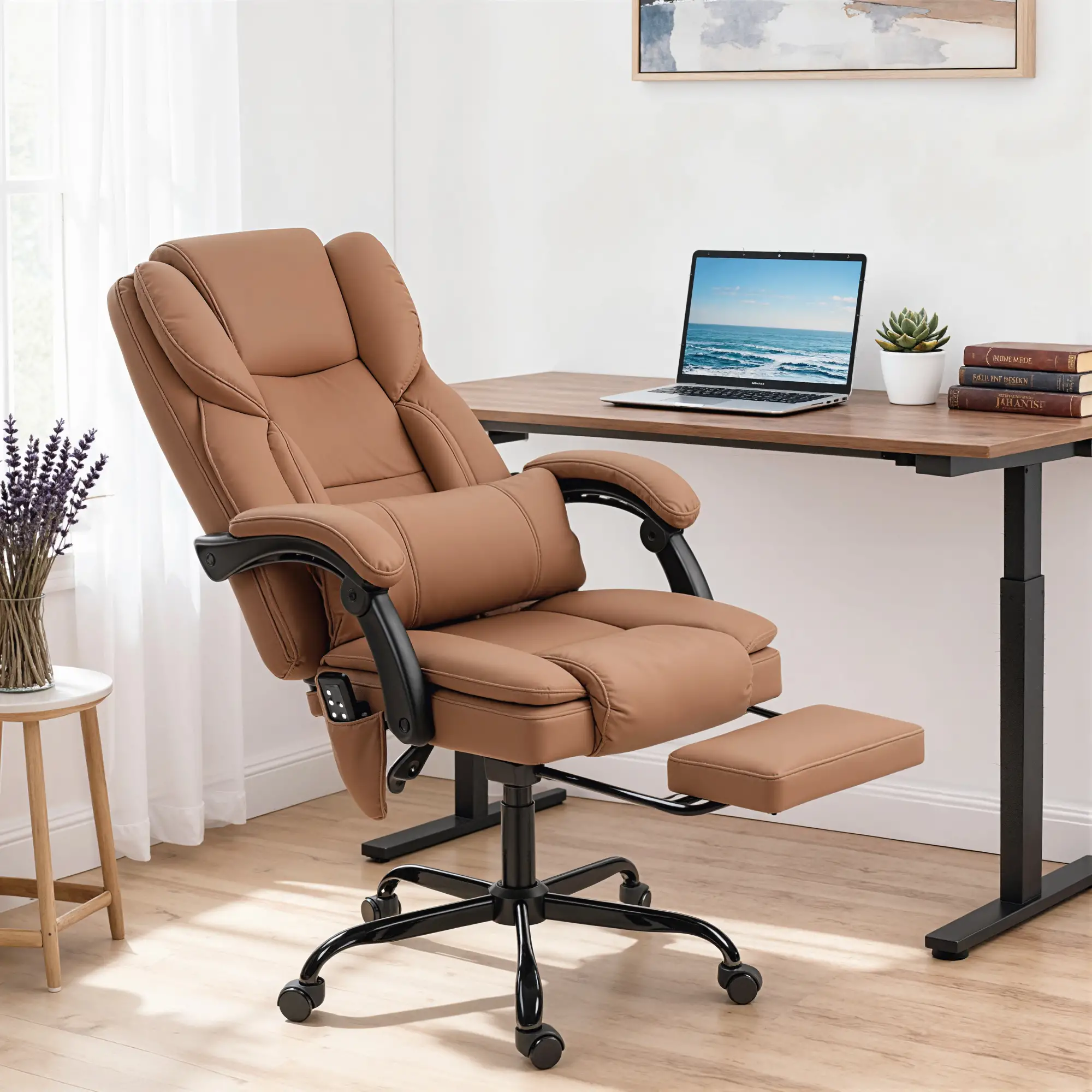 Office Chair with Massage, Faux Leather, Lumbar Support, Footrest, Brown - Image 8