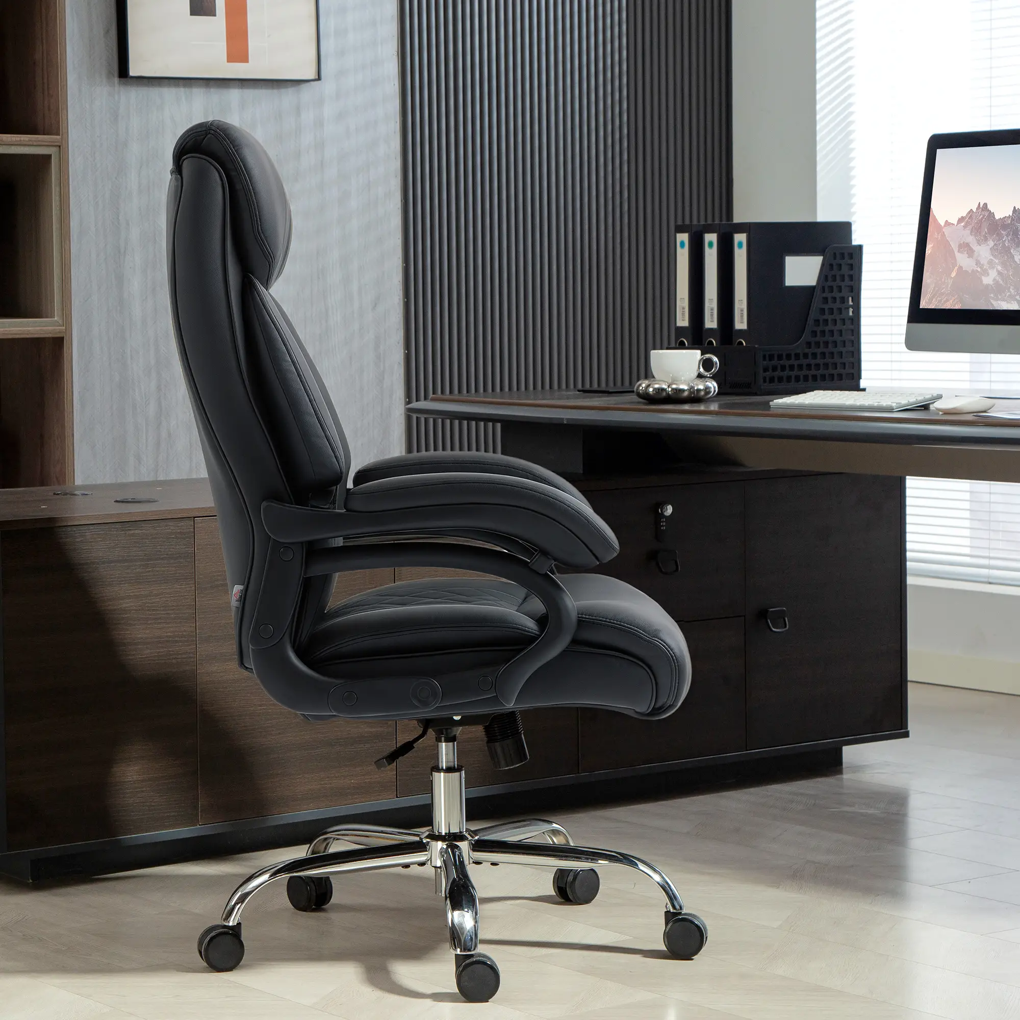 Office Chair with Spring Padding, PU Leather, High Back, Black - Image 10