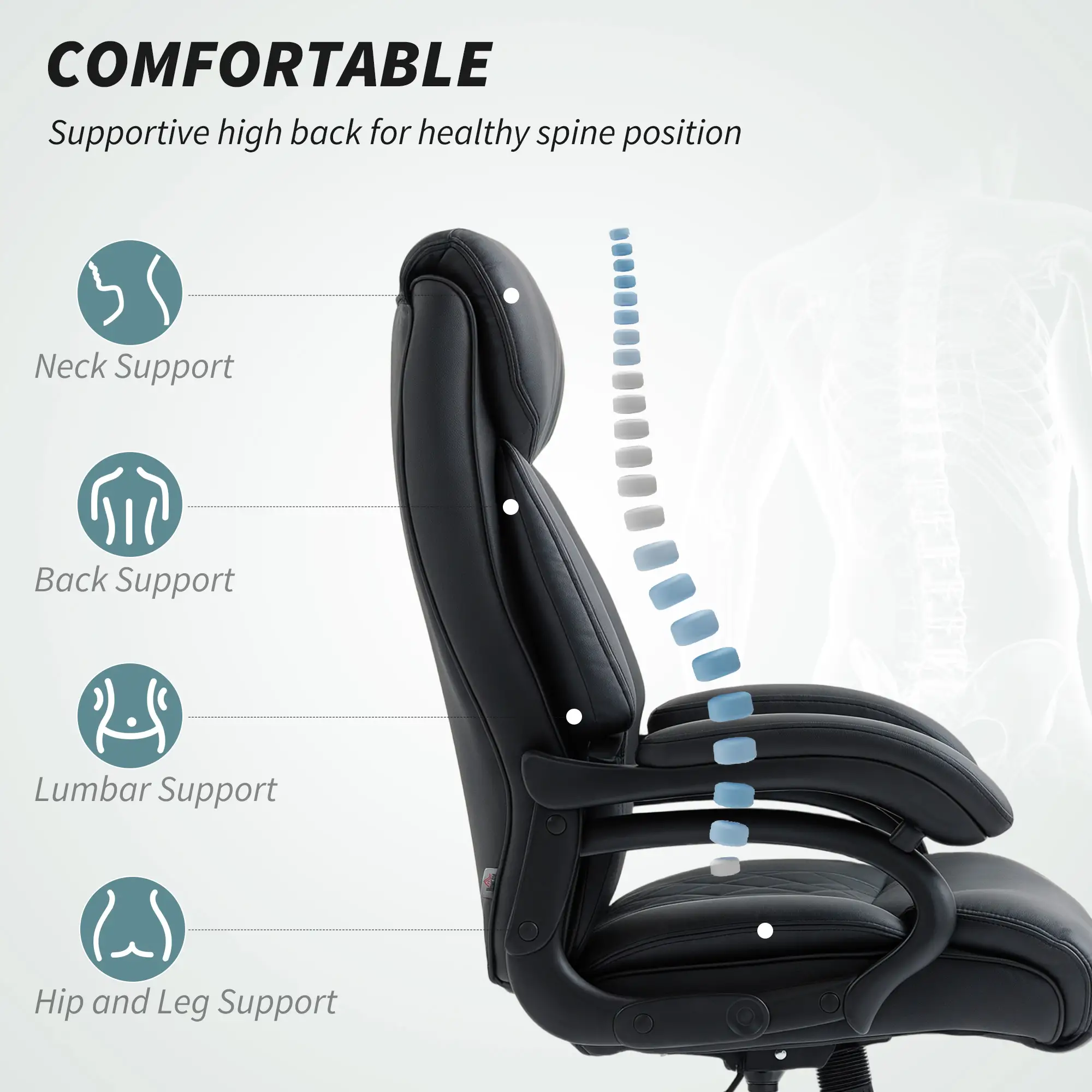 Office Chair with Spring Padding, PU Leather, High Back, Black - Image 4